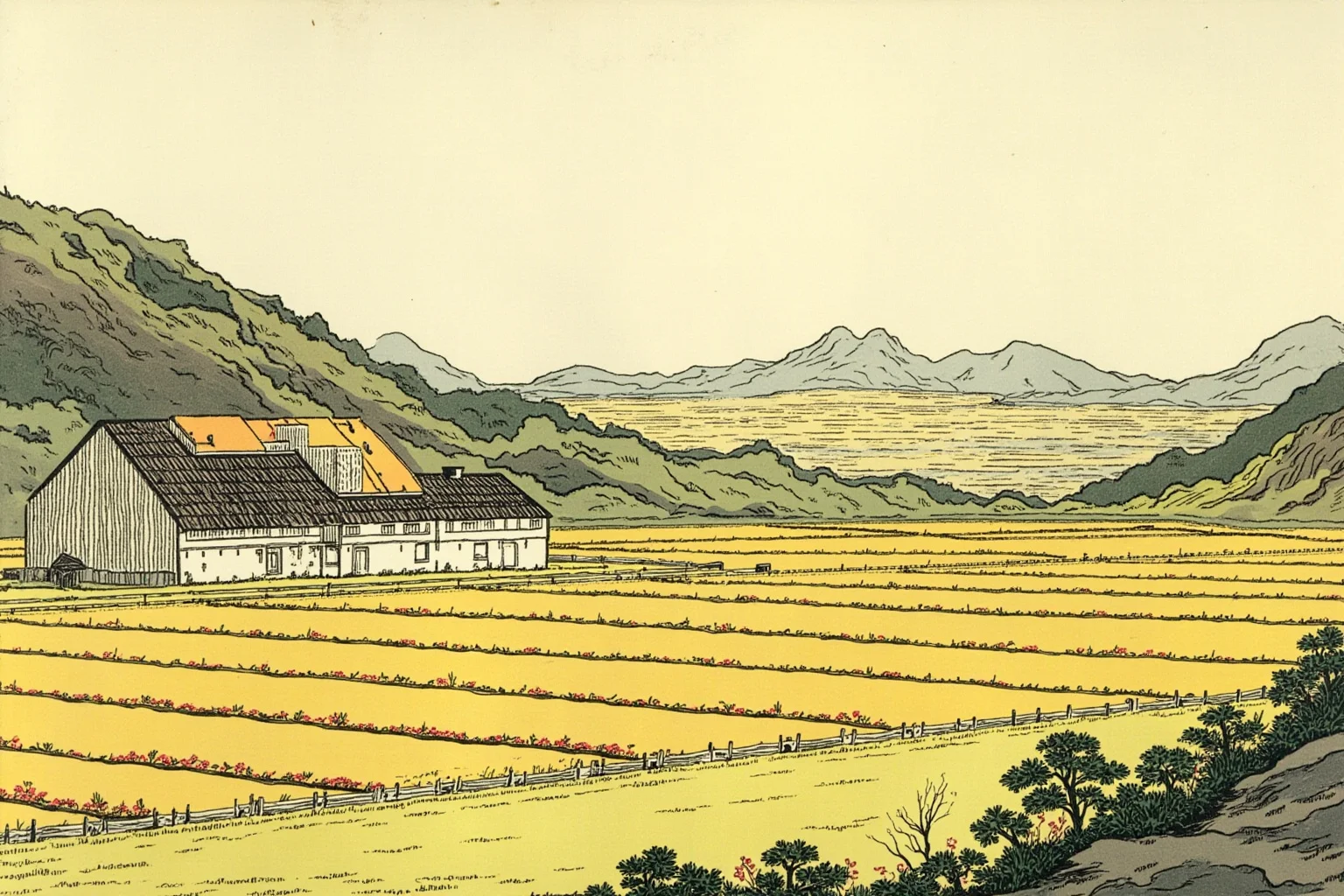 23 Worst Things That Ever Happened in History 17 An illustrated 1960s rural Chinese landscape with an empty communal farm, symbolizing famine-era hardship