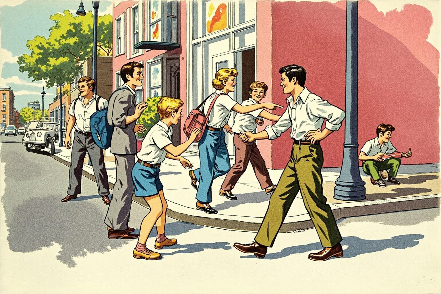 An illustrated 1960s urban street corner scene with a group of young people trading playful banter