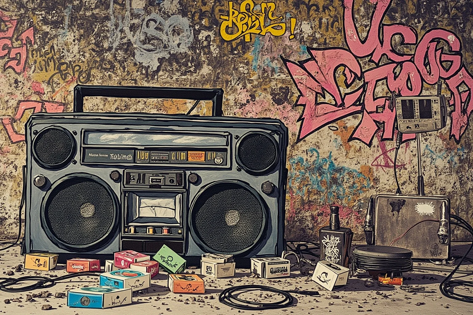 An illustrated 1980s boombox and graffiti-covered urban wall backdrop evoking early hip-hop culture