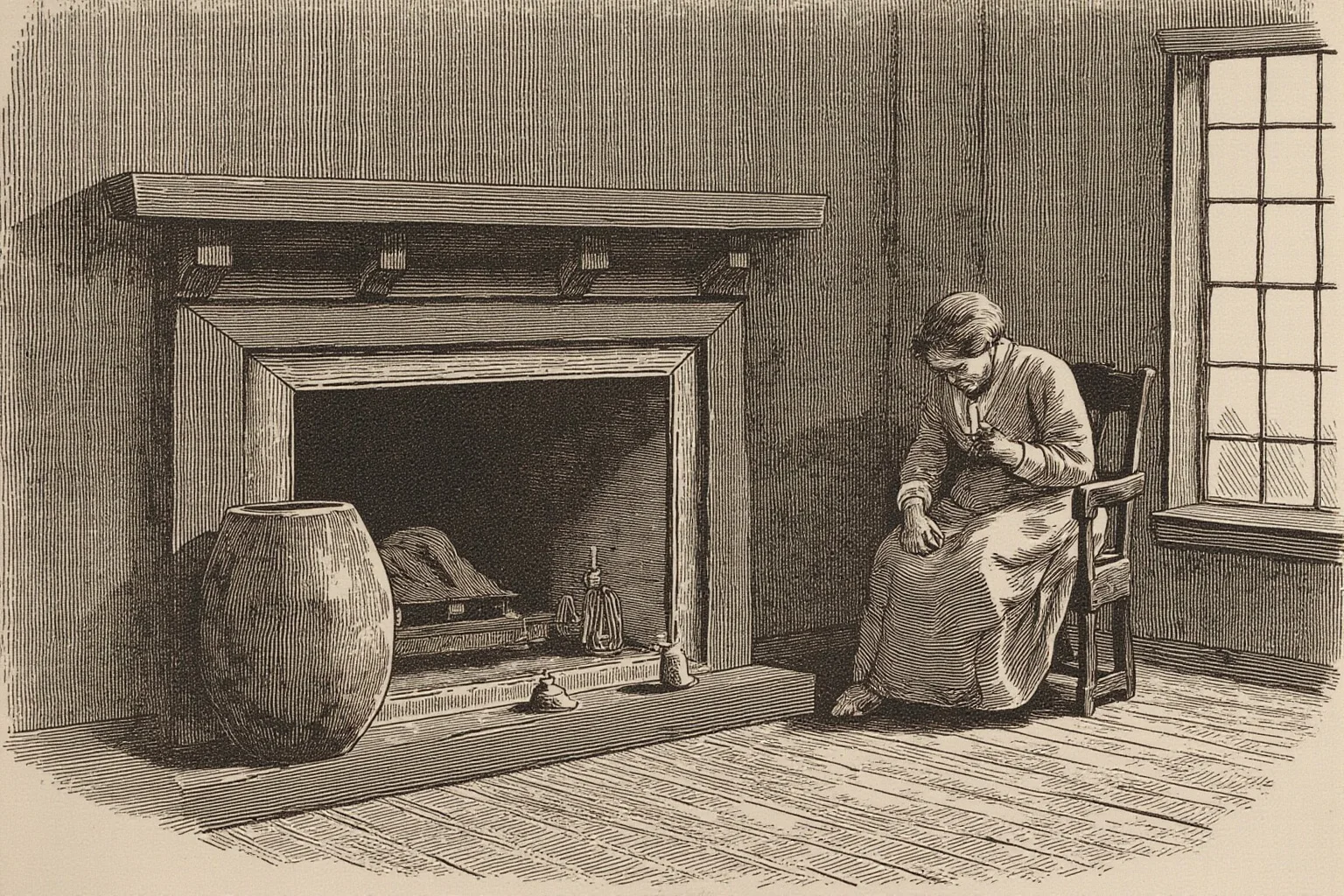 Historical Figures Who Died Of A Broken Heart 14 An illustrated 19th-century American frontier home with a grieving pioneer woman seated by a fireplace