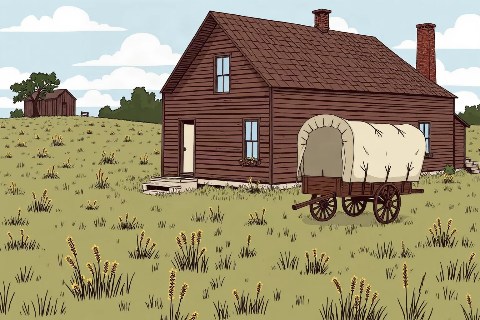 An illustrated 19th-century Midwestern farmhouse and covered wagon on the Illinois prairie, evoking a frontier family's origins