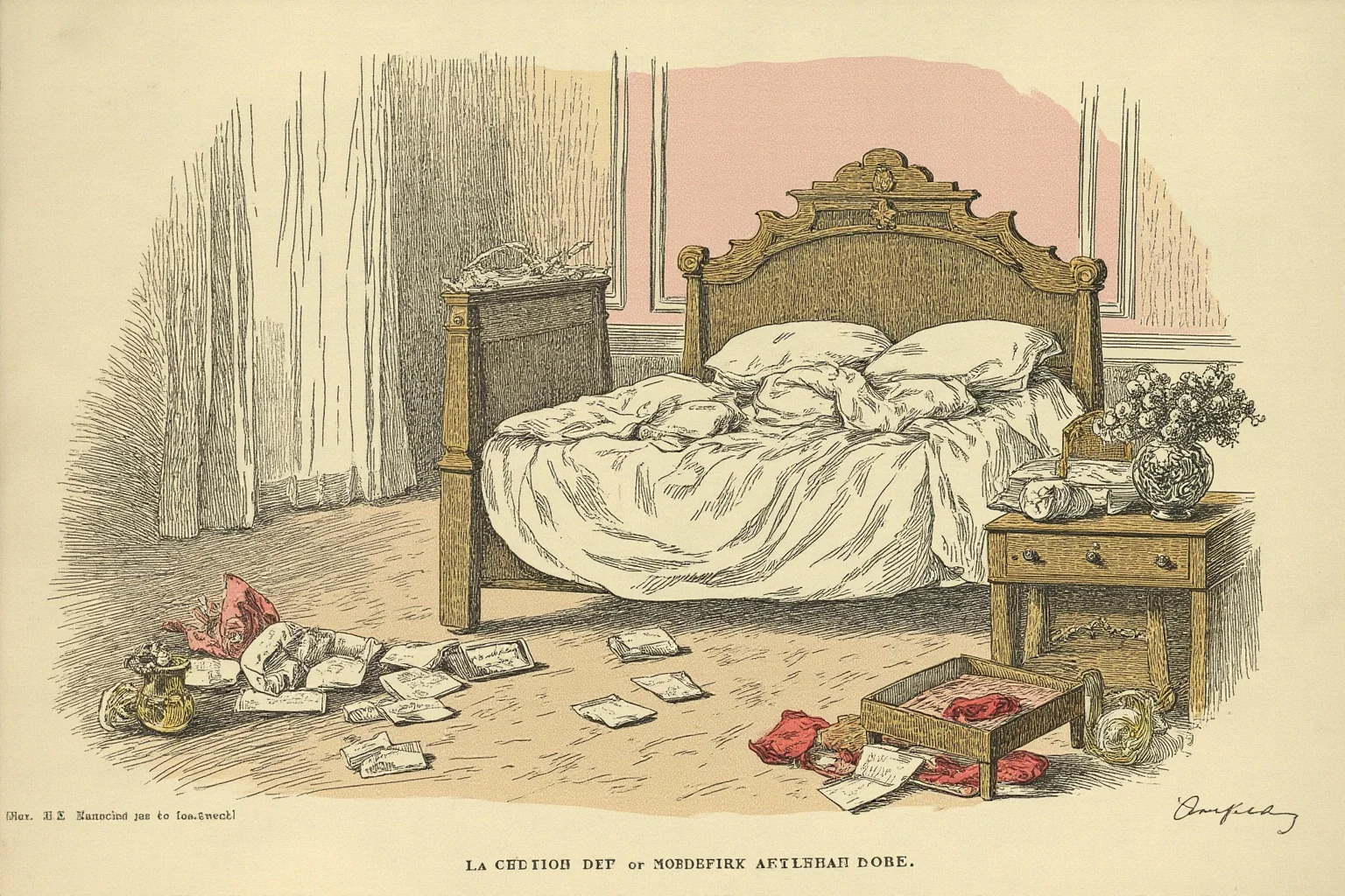 Historical Figures Who Died Of A Broken Heart 18 An illustrated 19th-century Parisian bedroom with scattered letters and a wilting bouquet on a nightstand