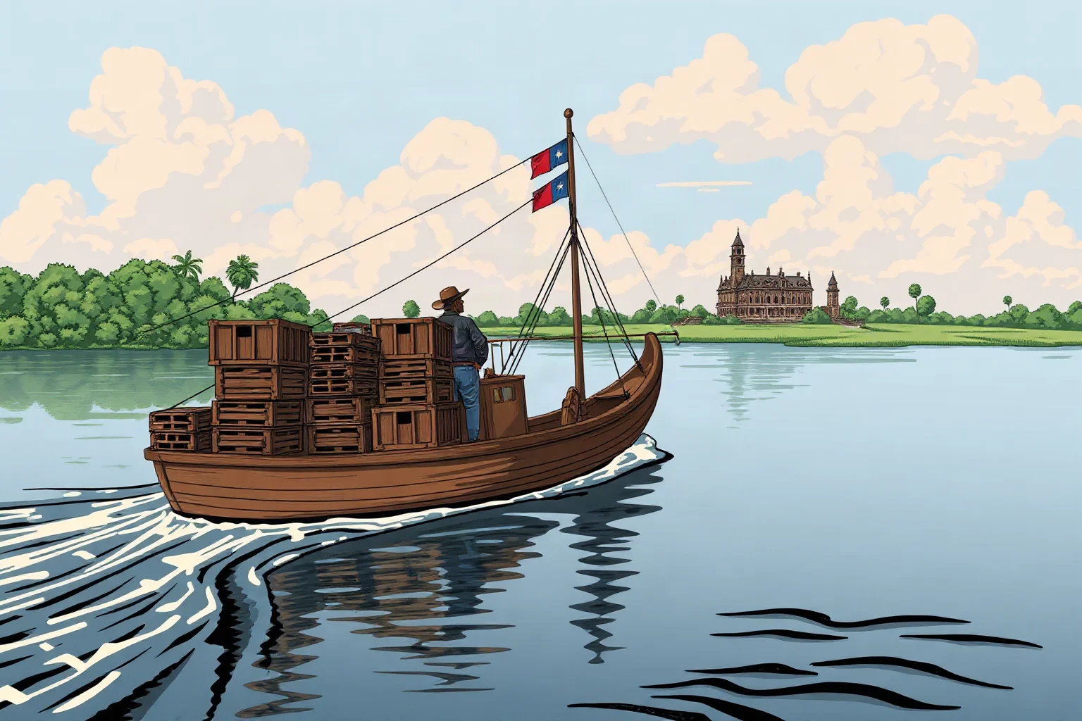 An illustrated 19th-century riverboat on the Congo River with stacked rubber crates and a distant colonial mansion