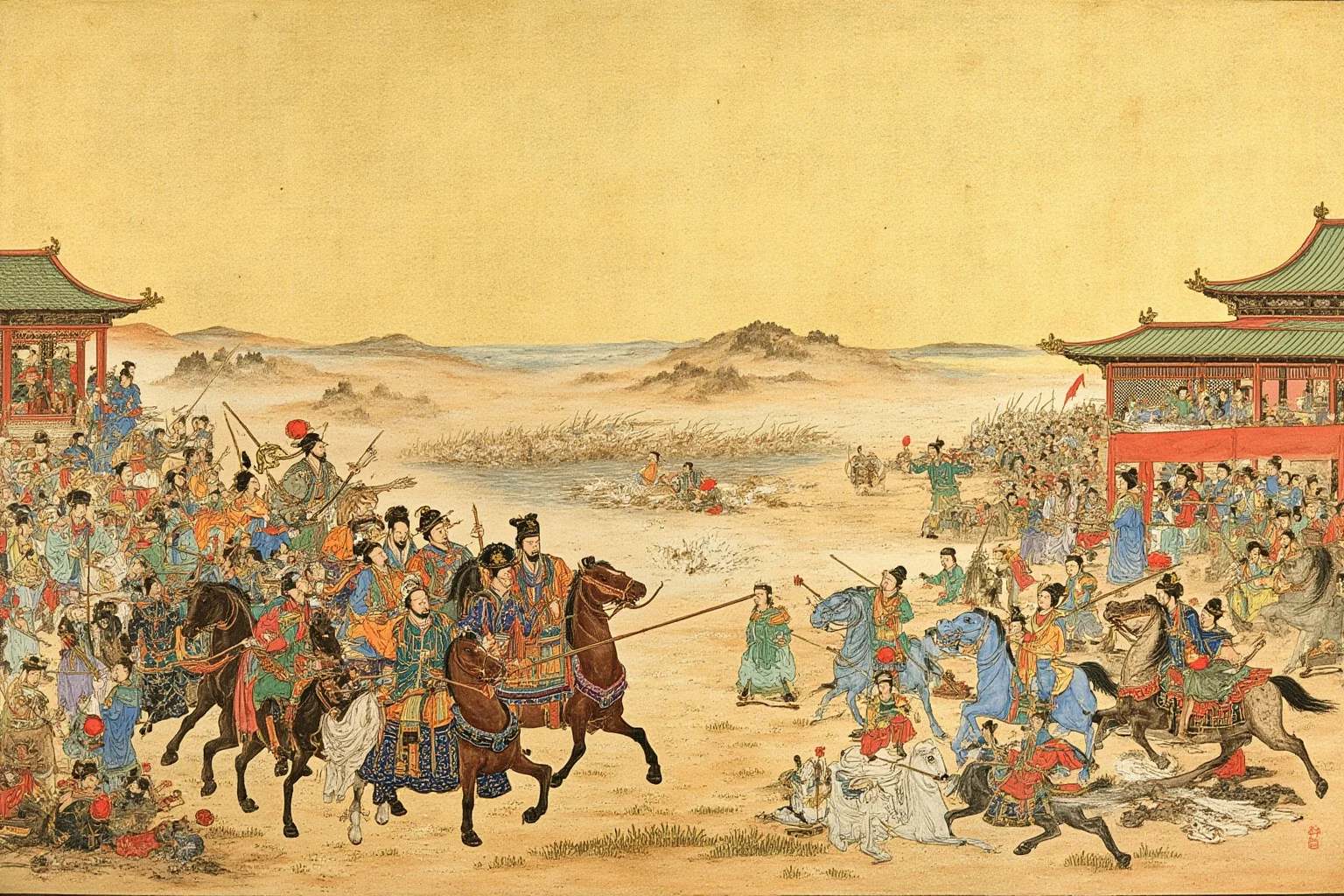 23 Worst Things That Ever Happened in History 3 An illustrated ancient Chinese imperial court and battlefield scene representing a historic civil war, in a traditional painting style