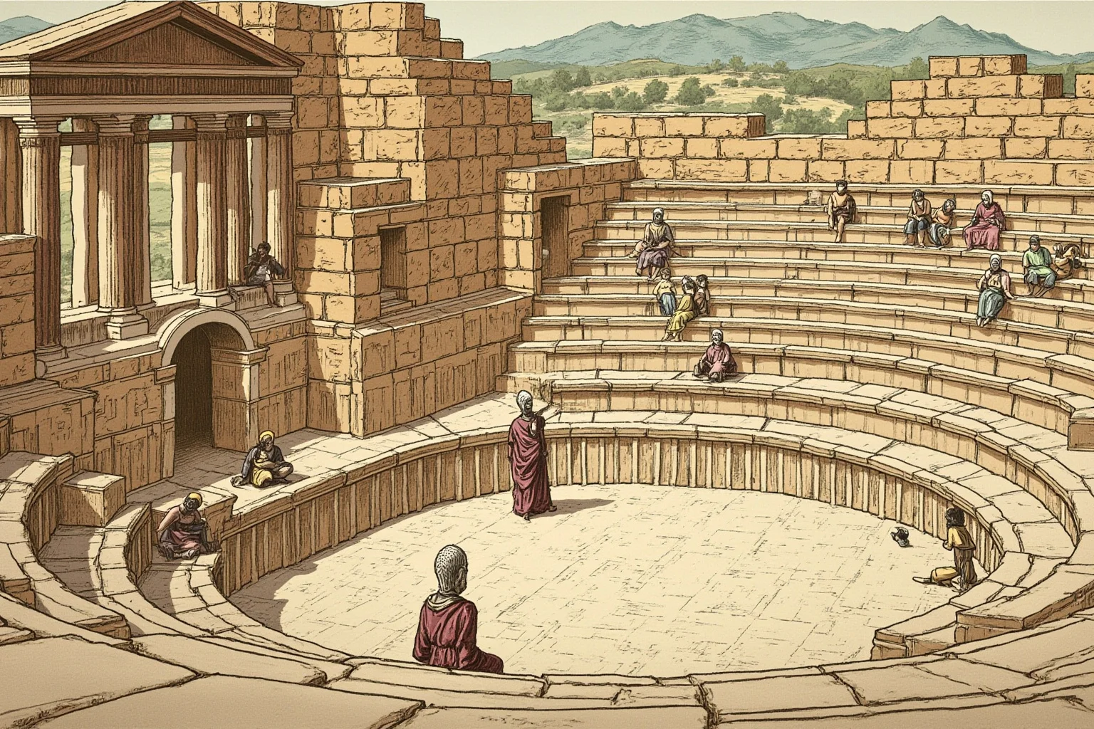 An illustrated ancient Greek amphitheater with masked comedic actors performing on a stone stage