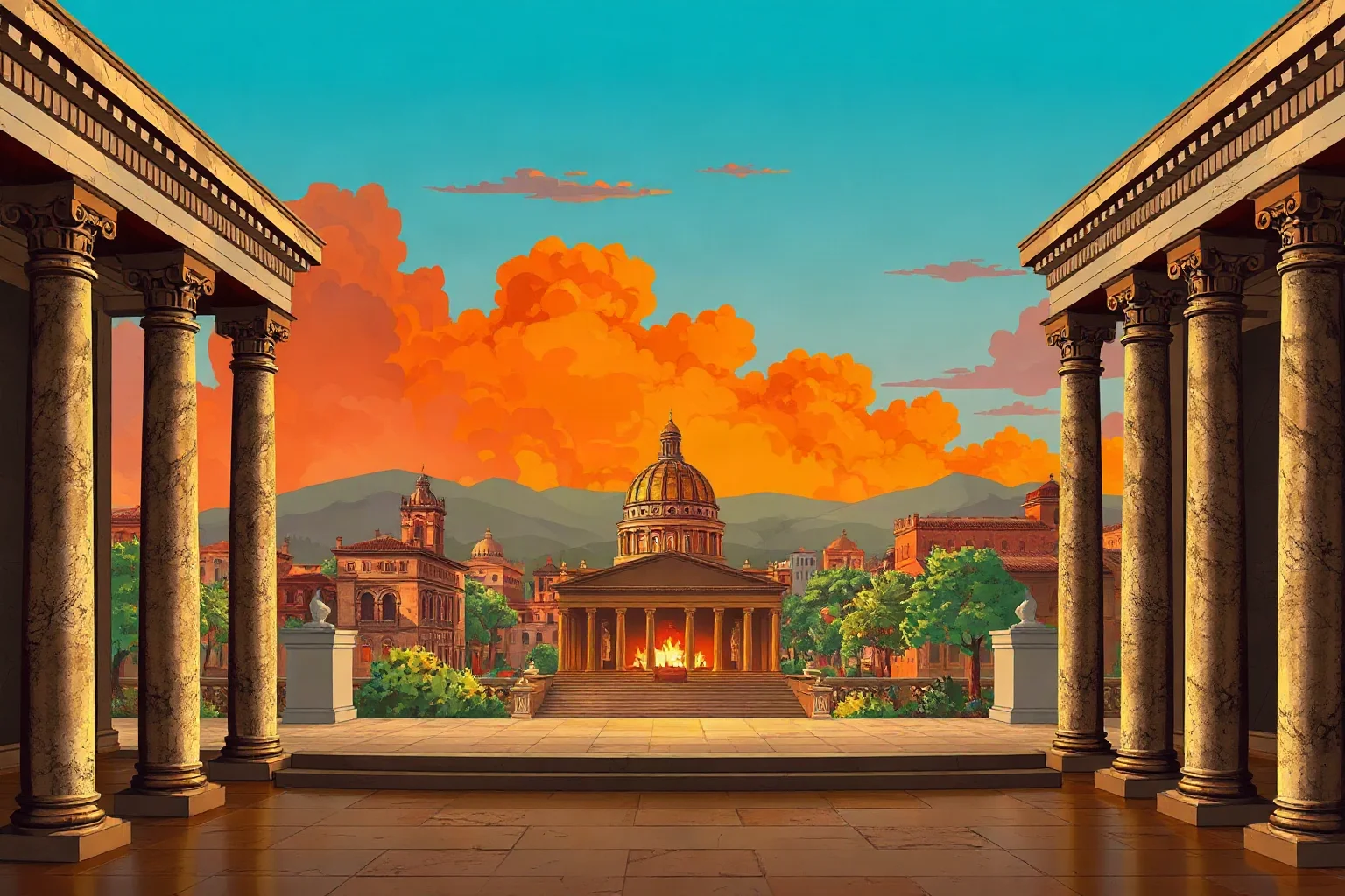 An illustrated ancient Roman palace scene with burning city skyline visible through marble columns