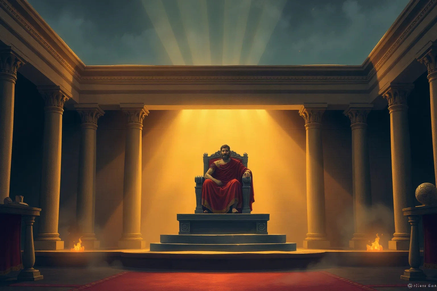 An illustrated ancient Roman senate chamber with dramatic torchlight and a toga-clad silhouette on a throne