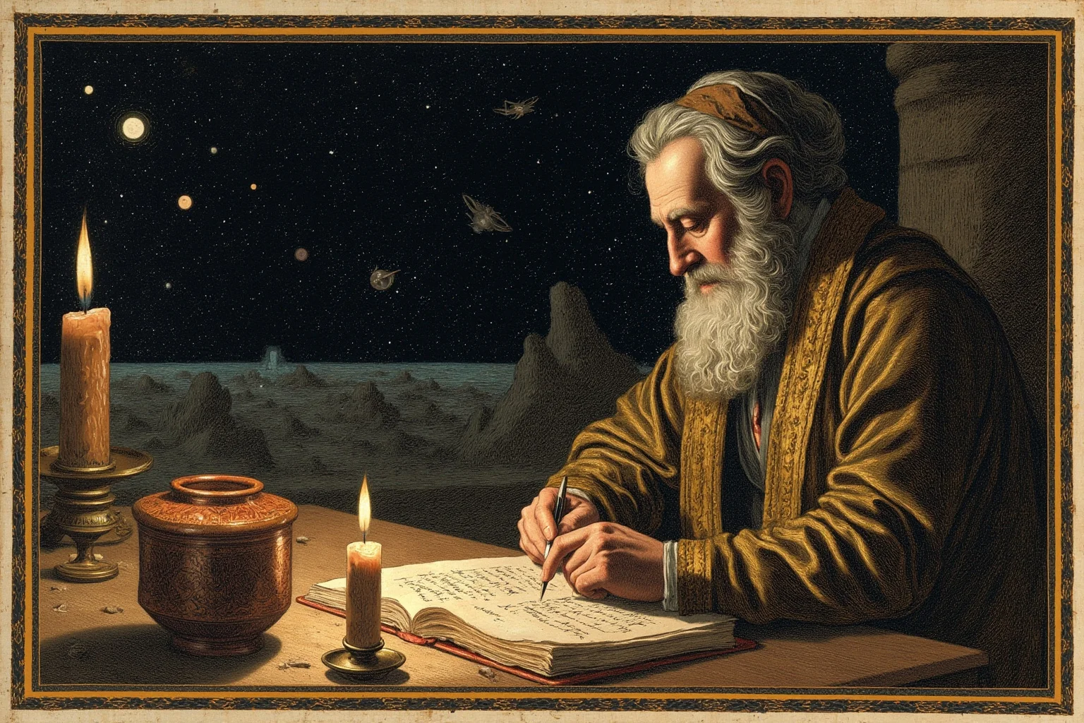 Why The Year 536 May Have Been The Worst Year In History 3 An illustrated ancient scribe writing by candlelight, describing a strange dim sky, historical manuscript style