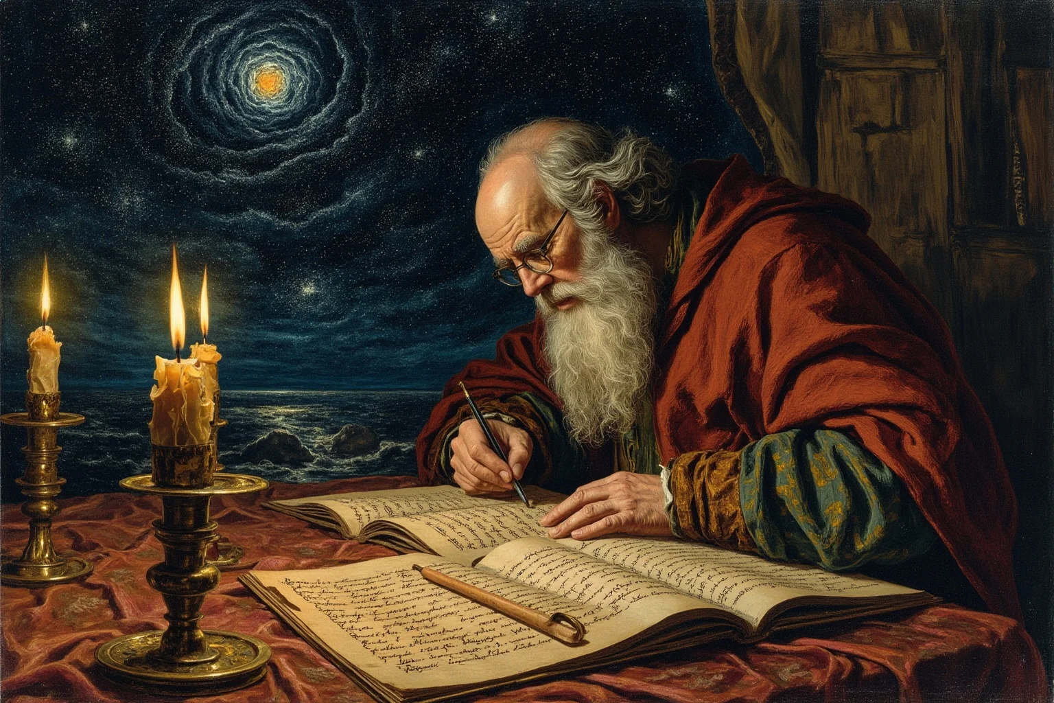 Why The Year 536 May Have Been The Worst Year In History 5 An illustrated ancient scribe writing by candlelight, describing a strange dim sky, historical manuscript style