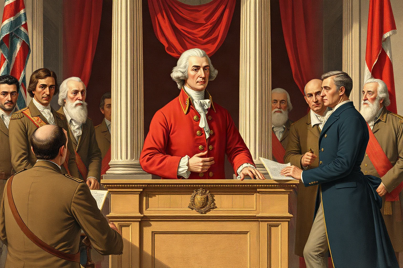 An illustrated astronomer-turned-politician in period dress standing at a lectern before revolutionary deputies