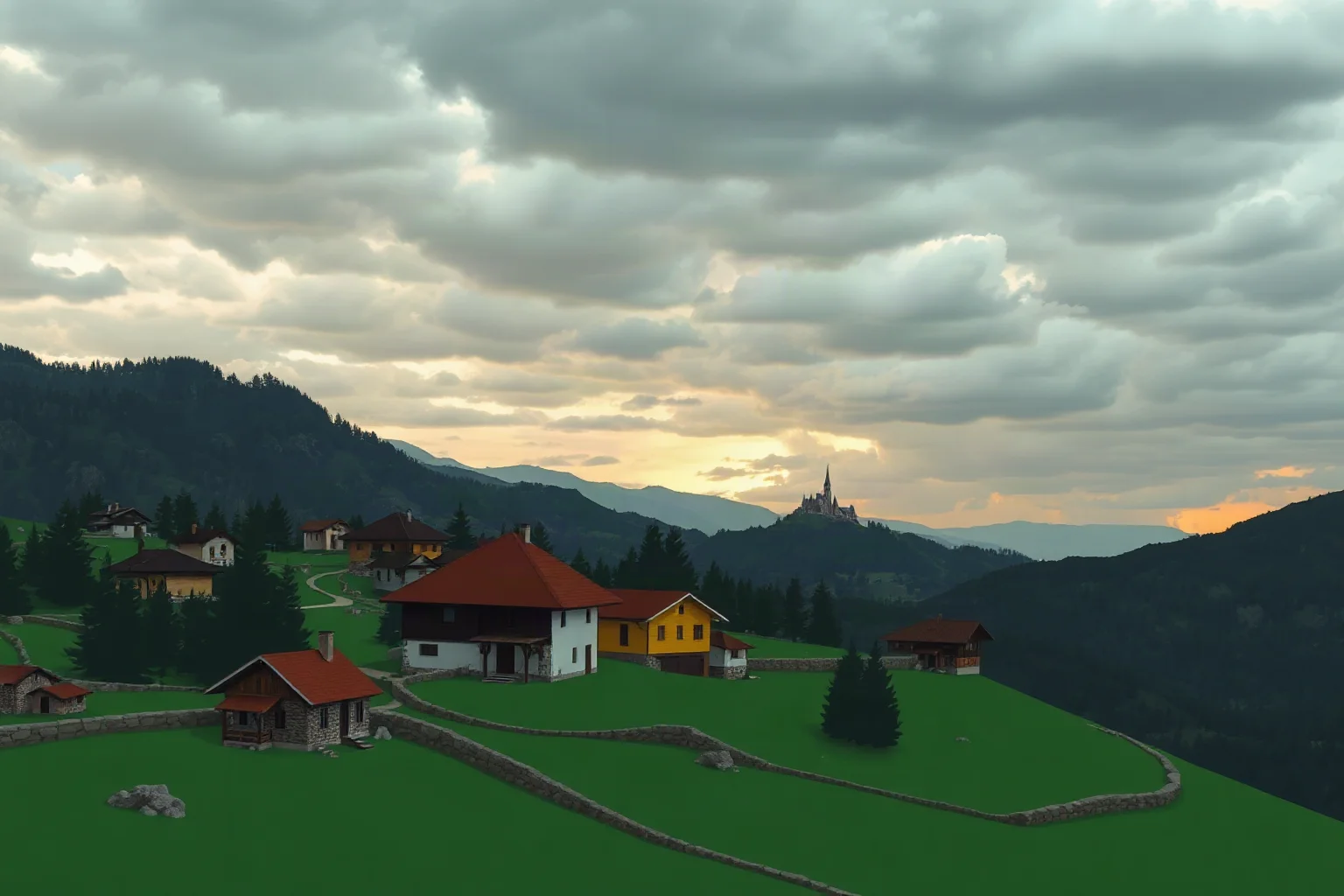 An illustrated Balkan mountain village at dusk with a distant courthouse silhouette and overcast sky