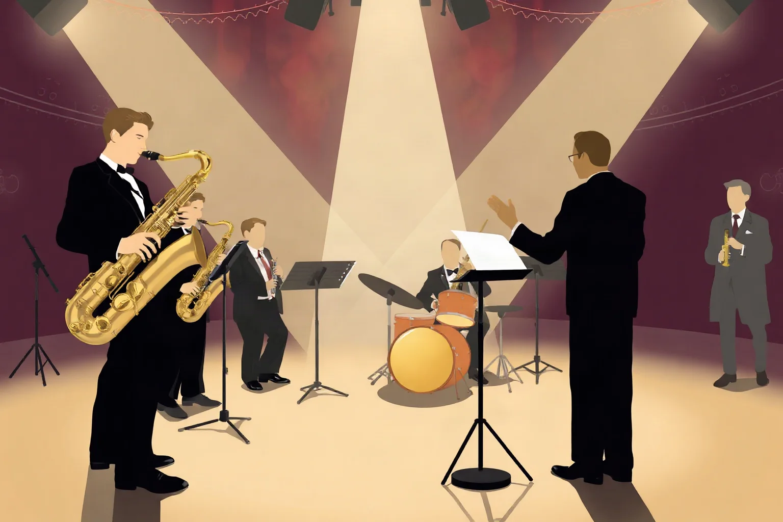 An illustrated big band on stage with saxophones and a conductor, 1940s dance hall atmosphere