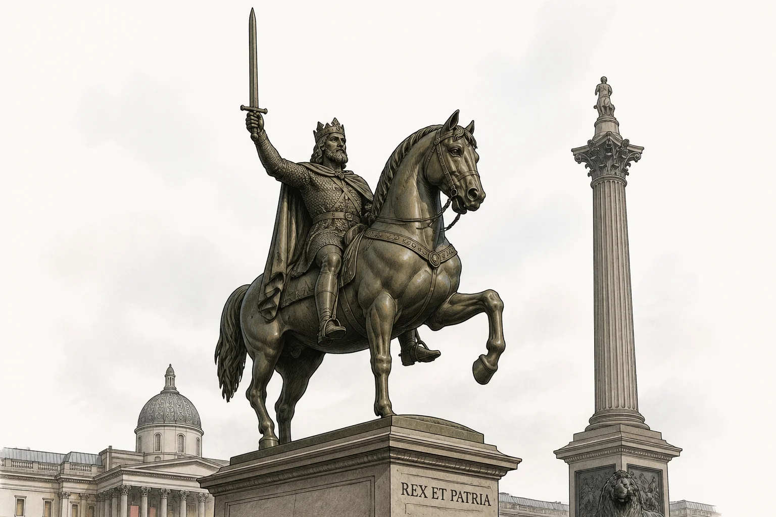 An illustrated bronze equestrian statue of a medieval king holding a sword aloft, in the style of a famous London landmark