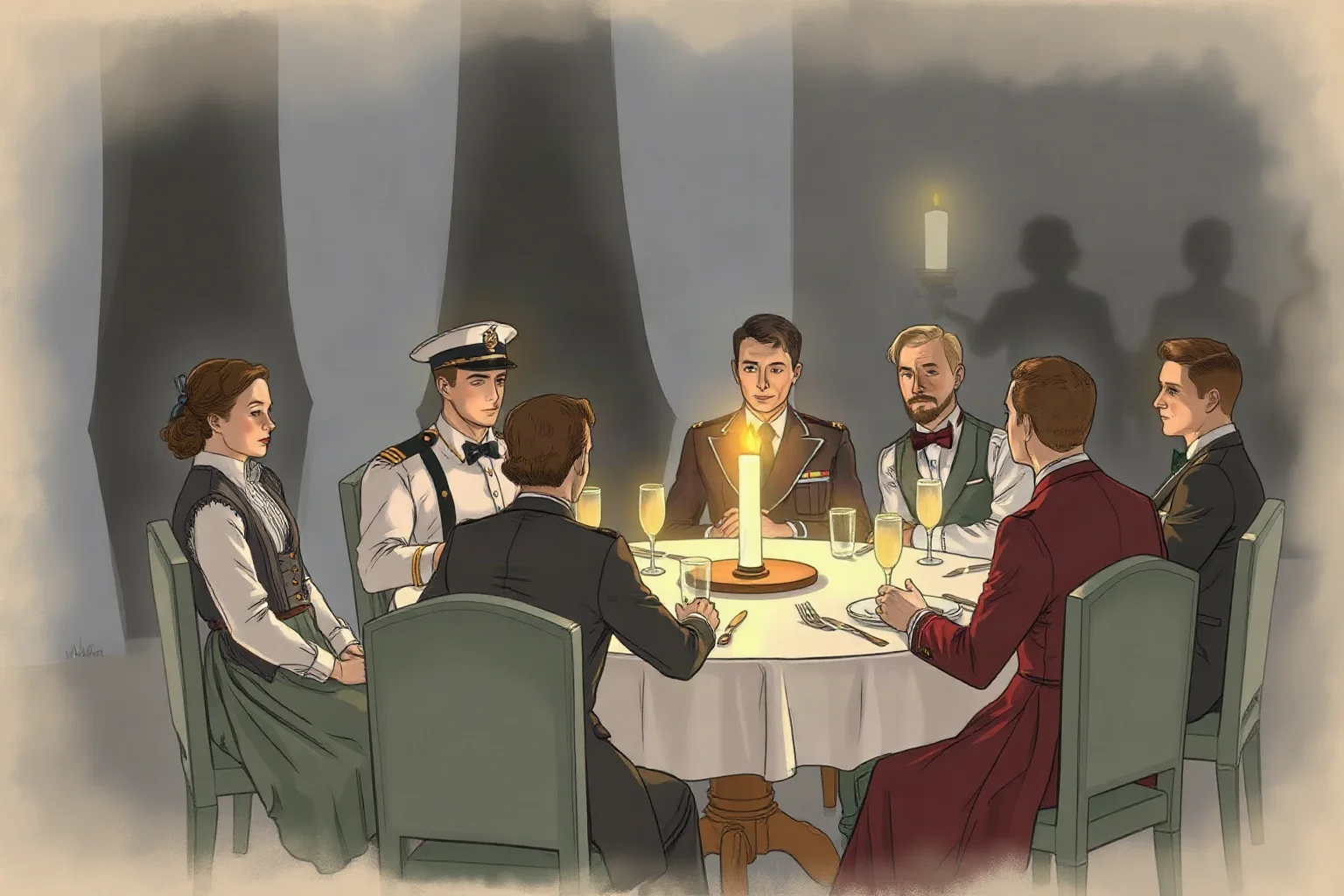 An illustrated candlelit dinner scene with elegant guests in military and formal attire, early 1900s