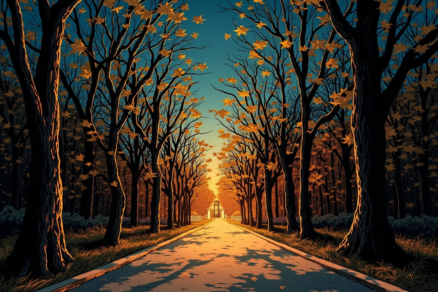 An illustrated Central Park path at dusk with autumn trees, evoking a wrongful conviction story