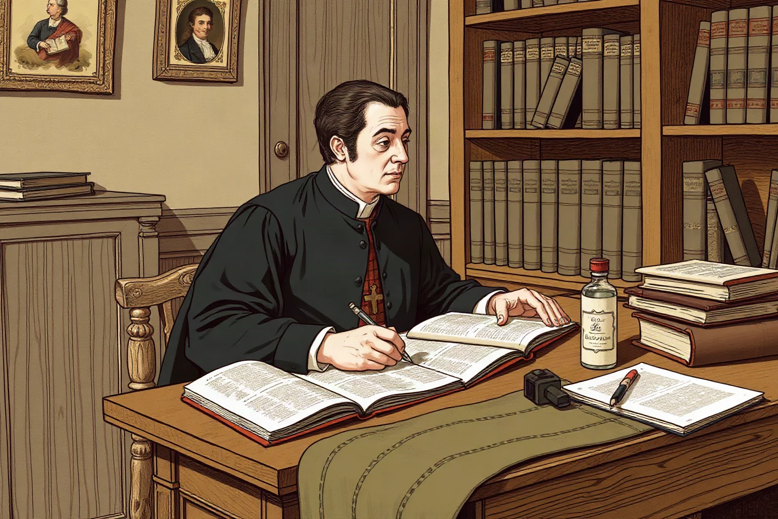 An illustrated clergyman in dark robes writing at a wooden desk surrounded by pamphlets, 18th-century French setting