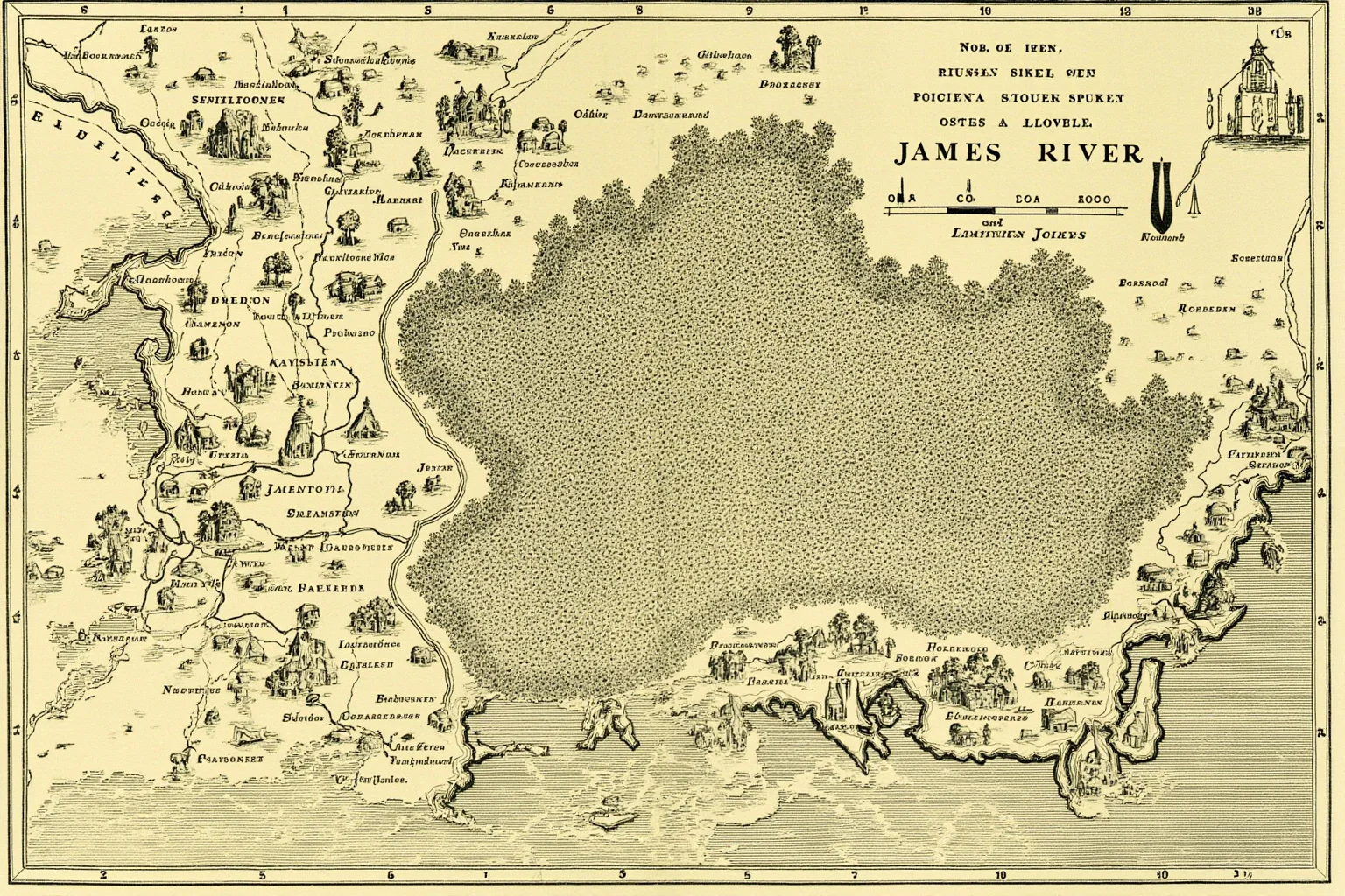 The Starving Time: Colonial America's Darkest Hour 2 An illustrated colonial-era map of the James River region showing the Jamestown settlement and surrounding forest