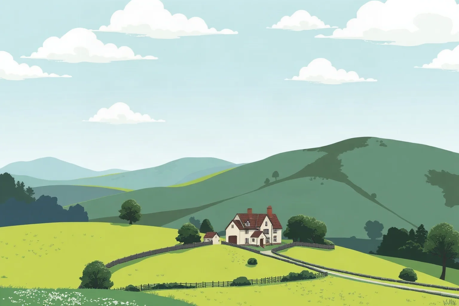An illustrated countryside scene with rolling green hills and a small English village under a hopeful sky