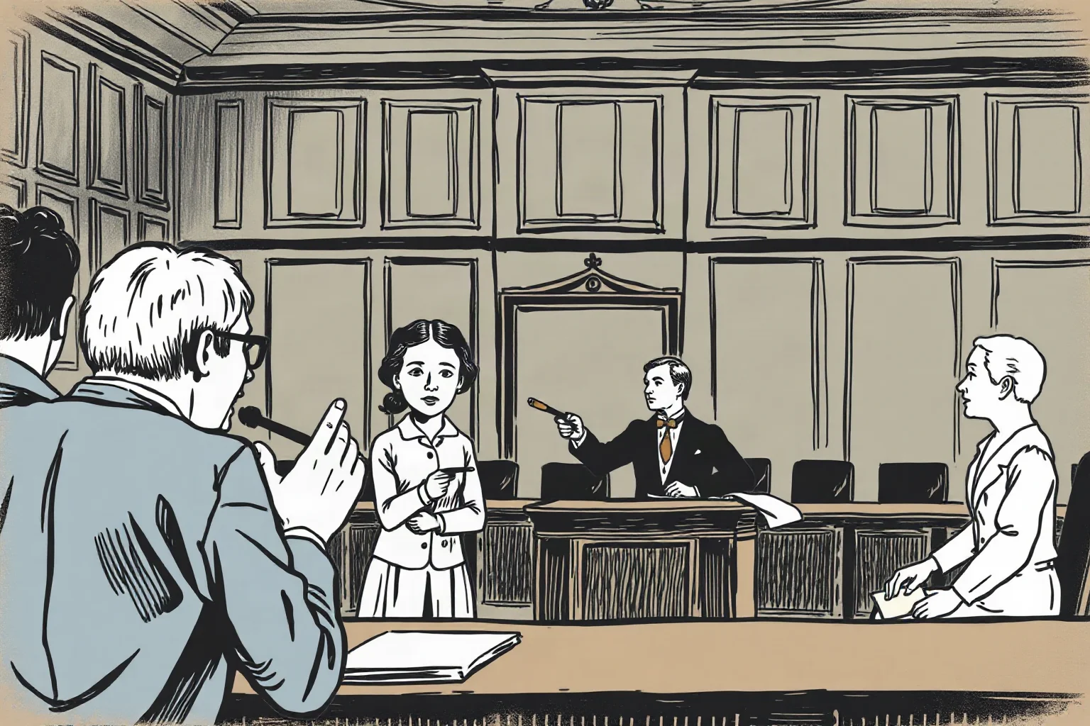 An illustrated courtroom or paperwork scene suggesting a divorce proceeding, early 1900s European style