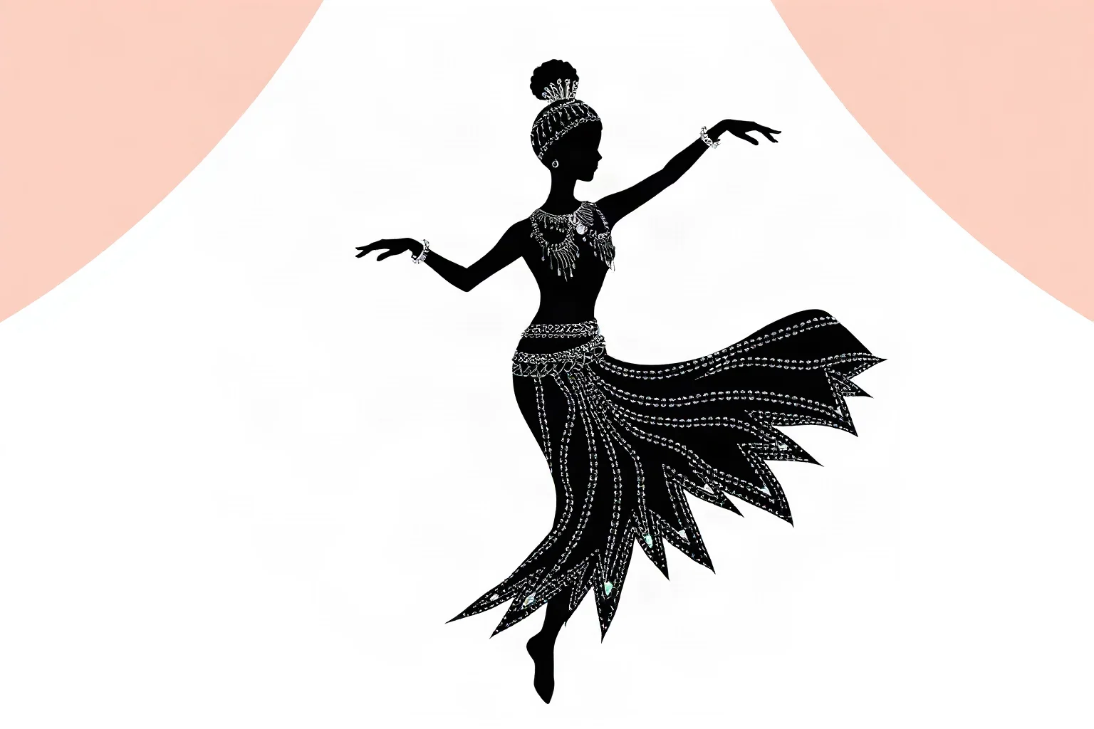 An illustrated dancer mid-performance wearing jeweled ornaments, silhouette style, no identifiable face