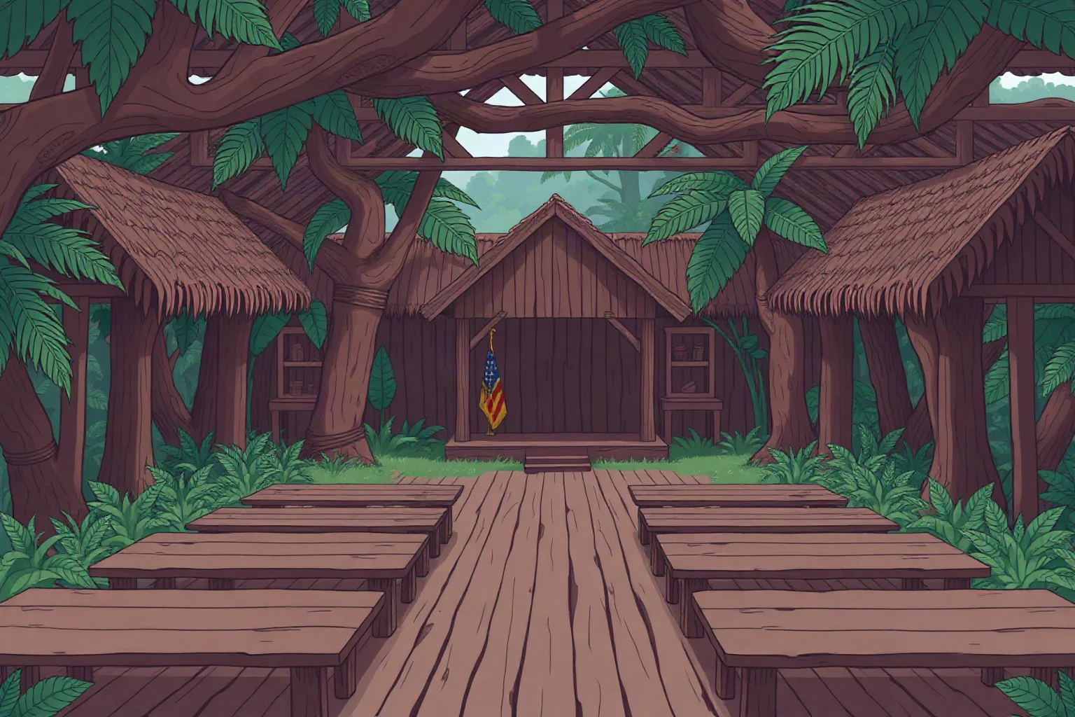 An illustrated dense South American jungle compound with a wooden meeting hall and rows of empty benches