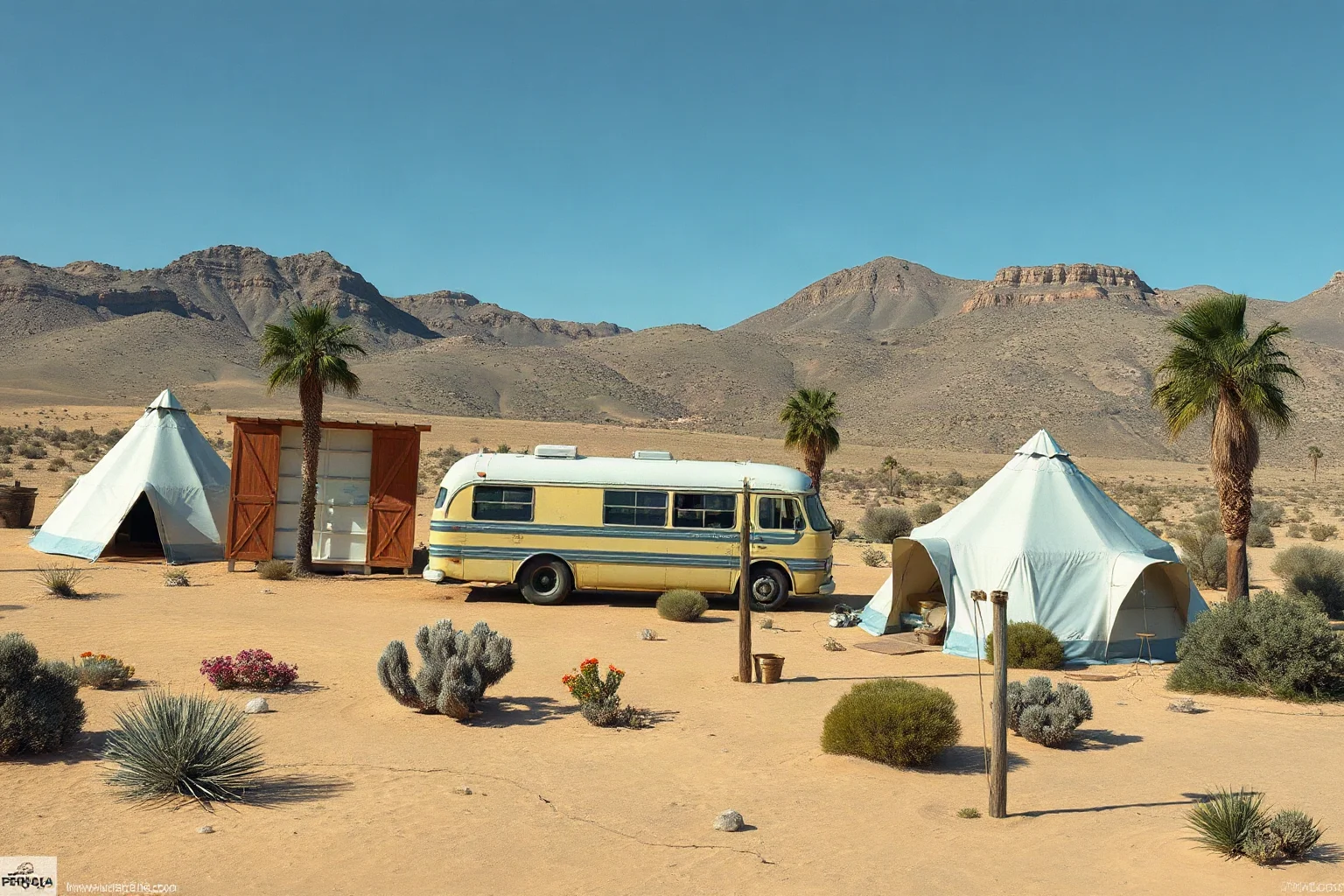 An illustrated desert ranch compound in 1960s California with an old bus and scattered tents