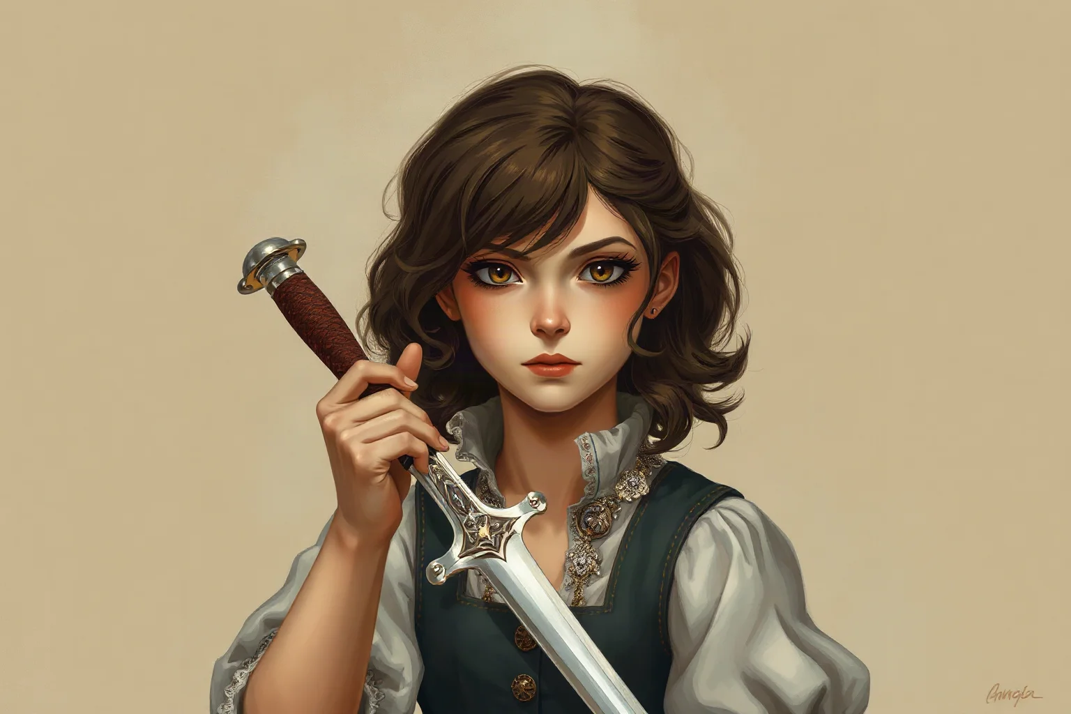 An illustrated determined young woman in period dress holding a dagger, dramatic historical painting style