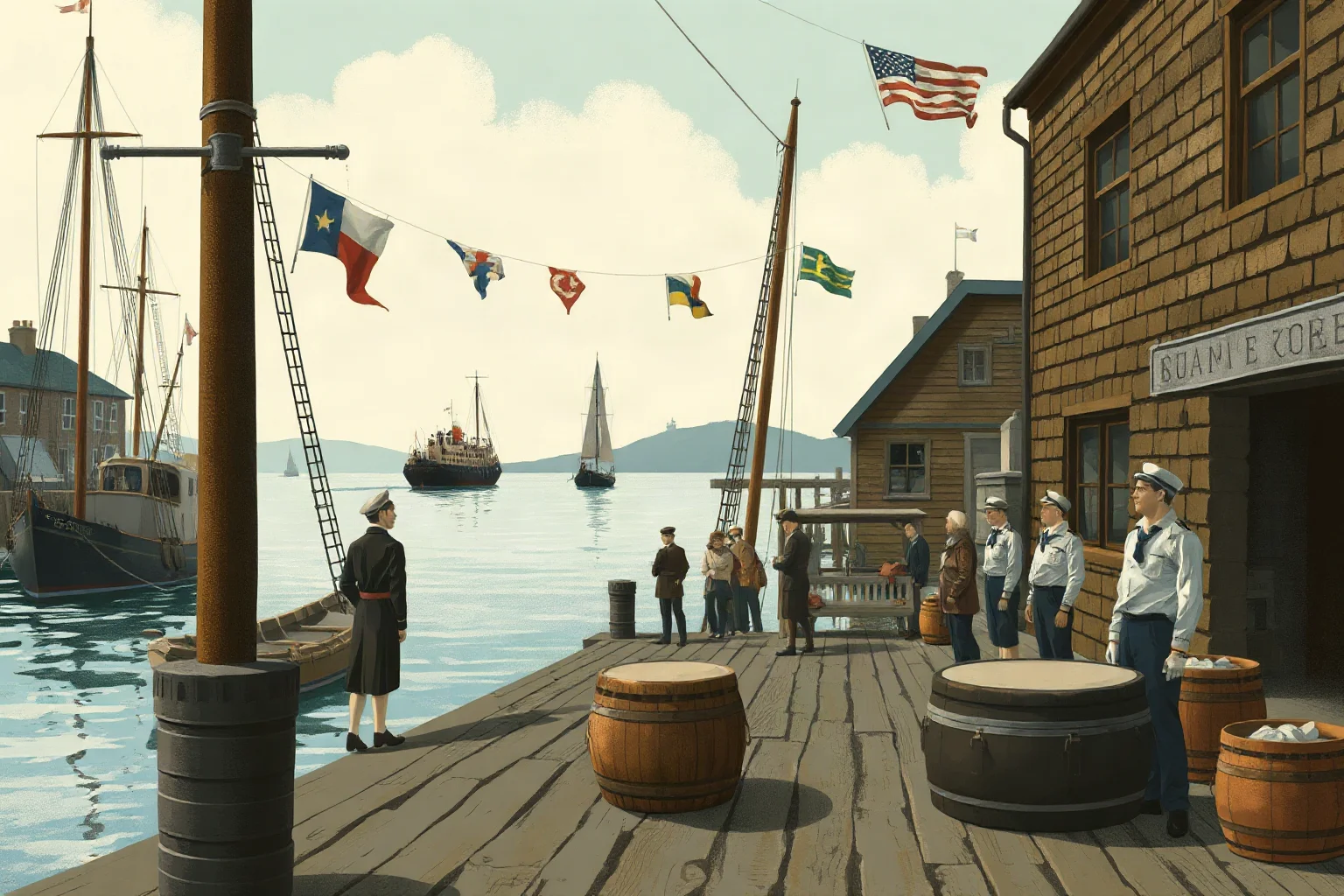 An illustrated dockside scene with sailors and old ships, nautical 1940s folk-song atmosphere