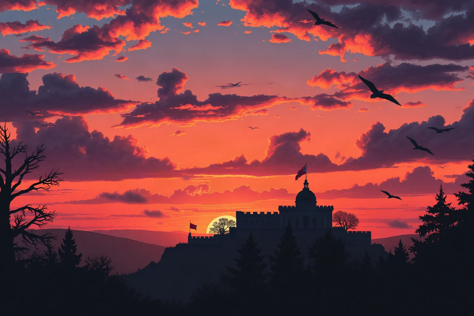 An illustrated dramatic sunrise over a quiet French military fortress