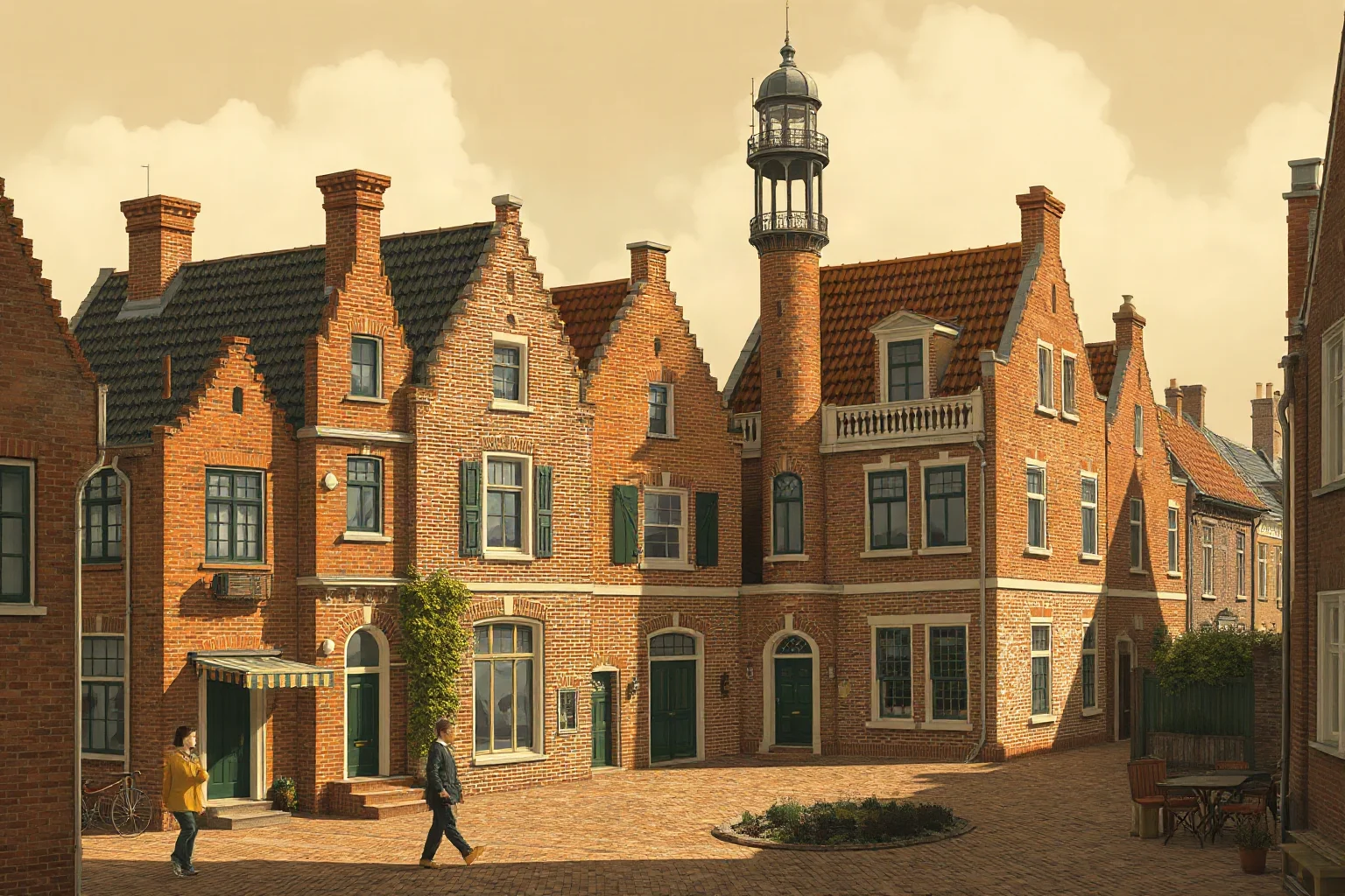 An illustrated Dutch townscape with old brick houses, late 1800s style, warm sepia lighting