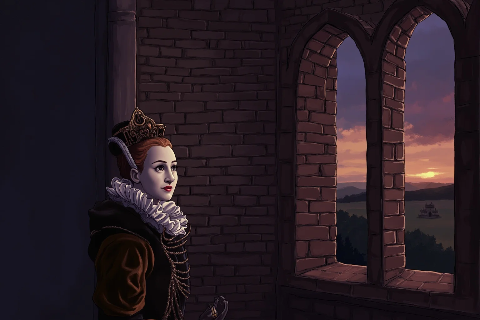 Historical Figures Who Died Of A Broken Heart 9 An illustrated Elizabethan-era queen in an ornate ruffled collar staring pensively out a castle window at dusk