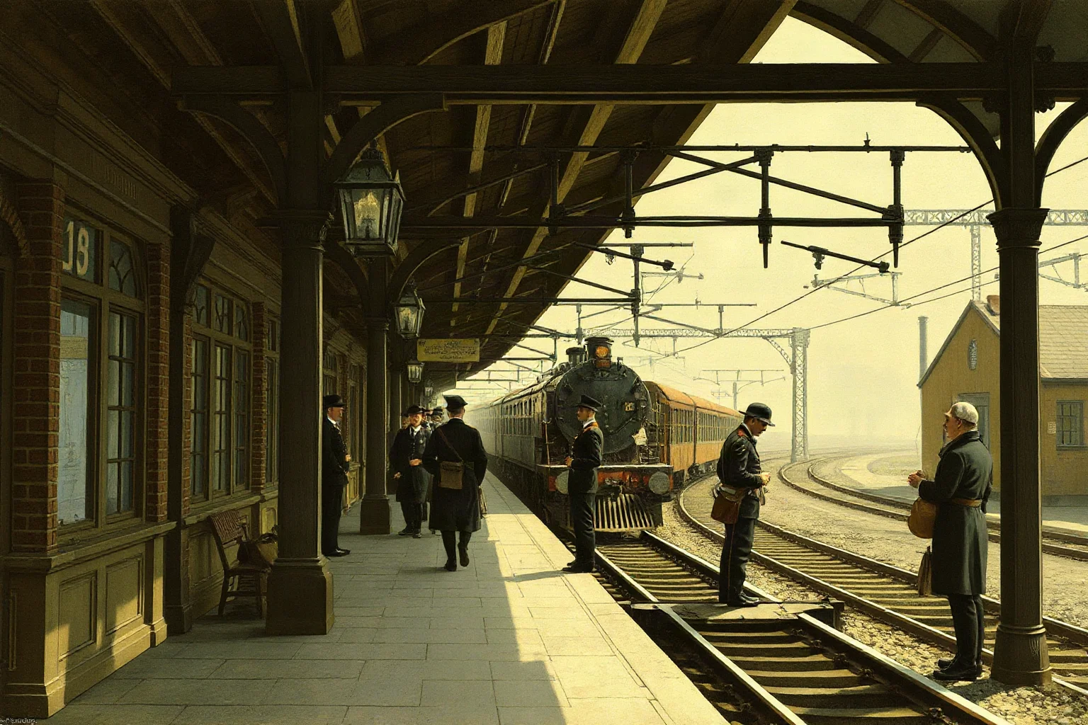 An illustrated European train station scene with soldiers and travelers during wartime, 1910s
