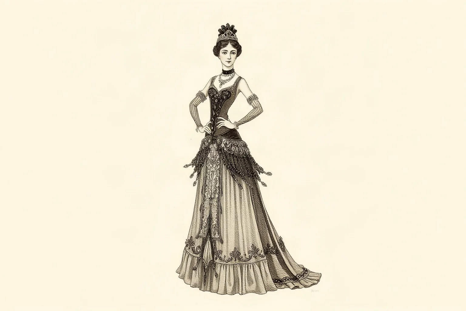 An illustrated fashion sketch of an elaborate jeweled dance costume from the early 1900s