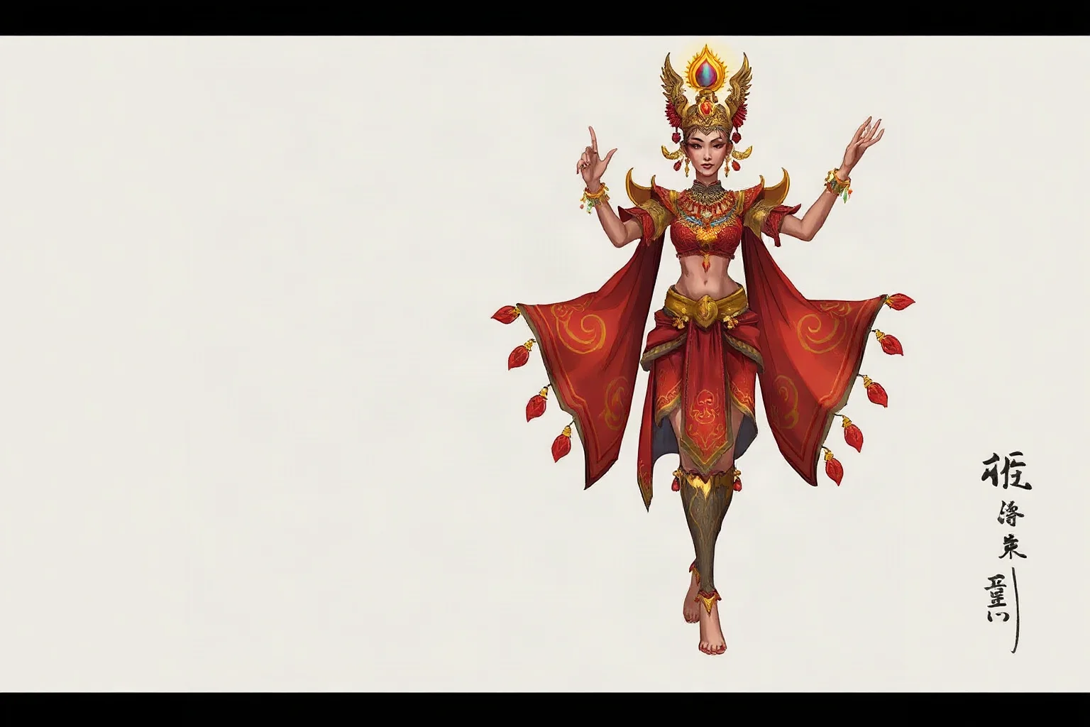 An illustrated fictional Javanese-inspired temple dancer costume sketch, fantasy Orientalist style