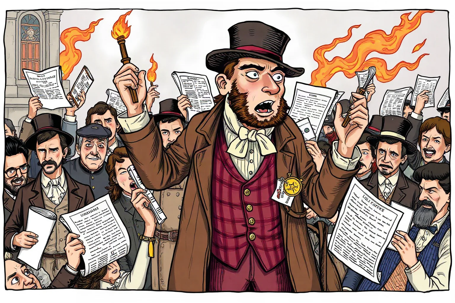 An illustrated fiery newspaper editor with rolled-up pamphlets addressing a rowdy crowd, 18th-century French style