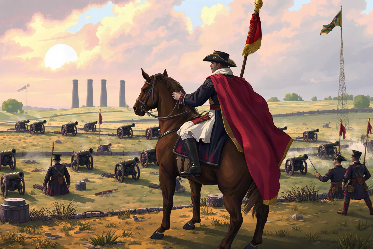 An illustrated French general on horseback surveying a battlefield with cannons in the distance, historical painting style
