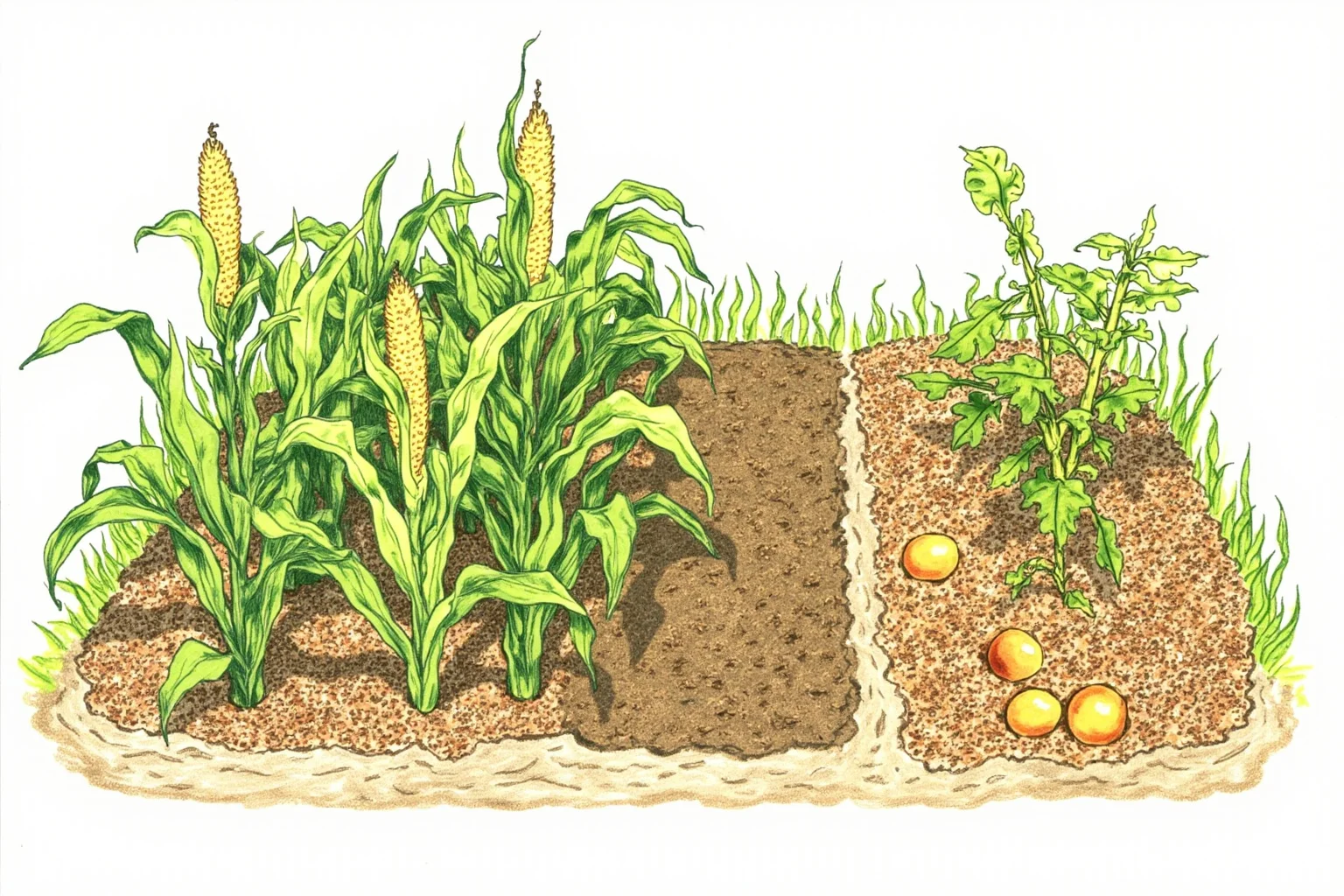 An illustrated garden bed showing cornstalks, bean vines, and squash growing together, the Three Sisters farming method