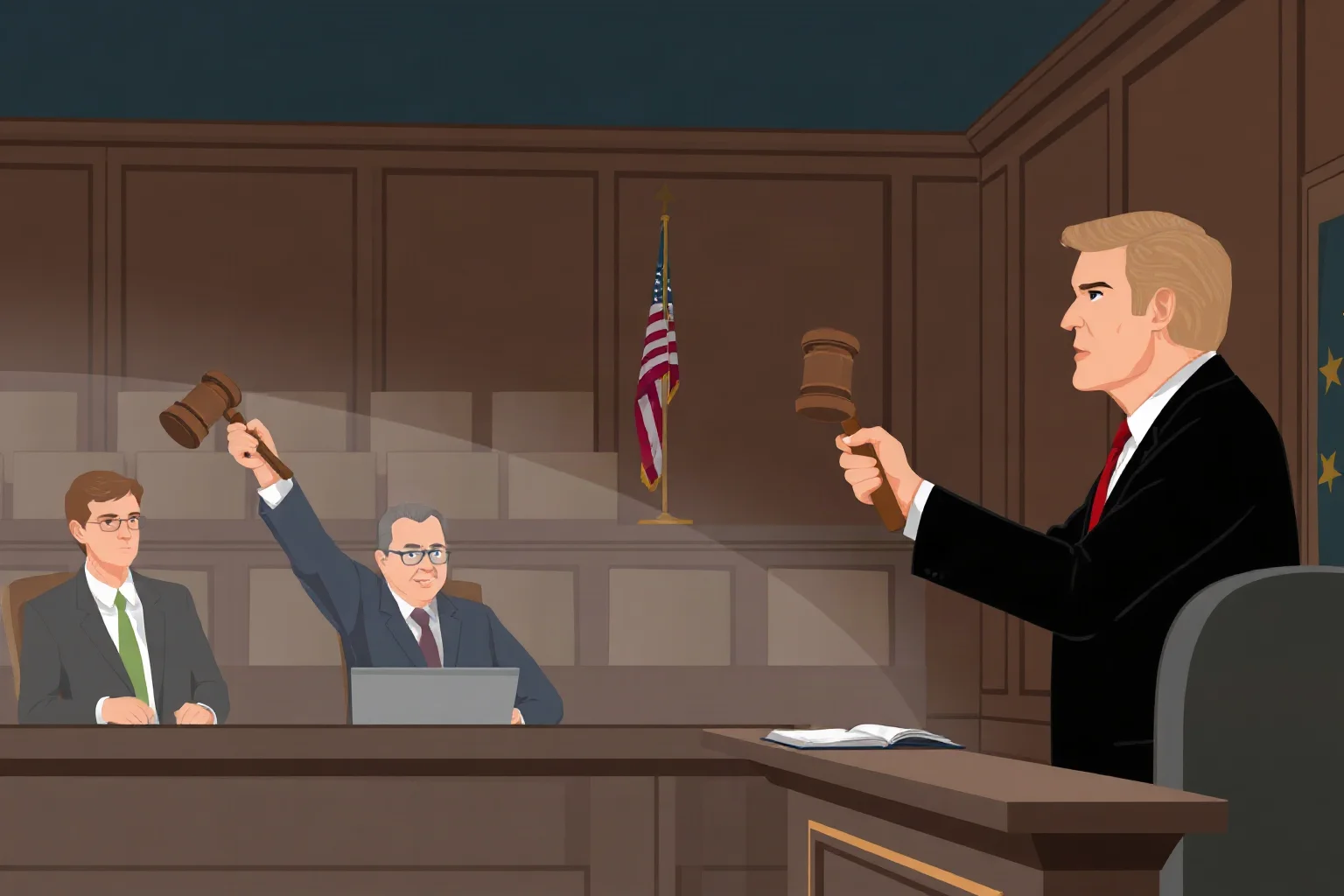 An illustrated gavel and formal courtroom scene with a solemn atmosphere, muted colors