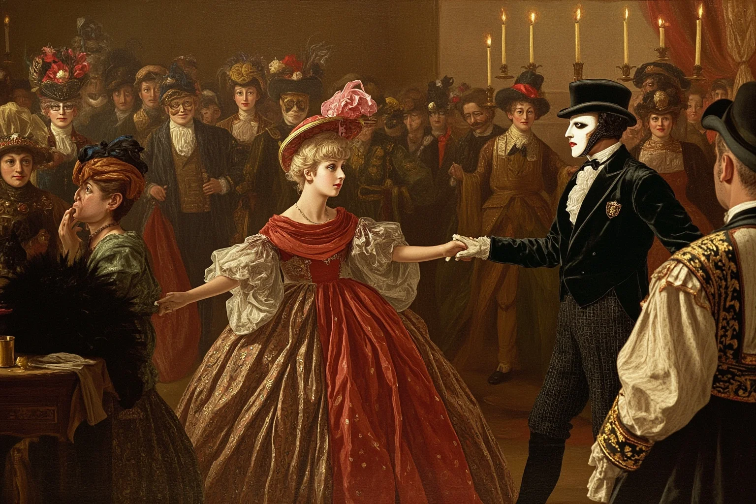 Mardi Gras Krewes: How Parades Turned Into Power And Pop Culture 7 An illustrated grand masked ball scene with elaborate costumes and candlelight, 19th-century style