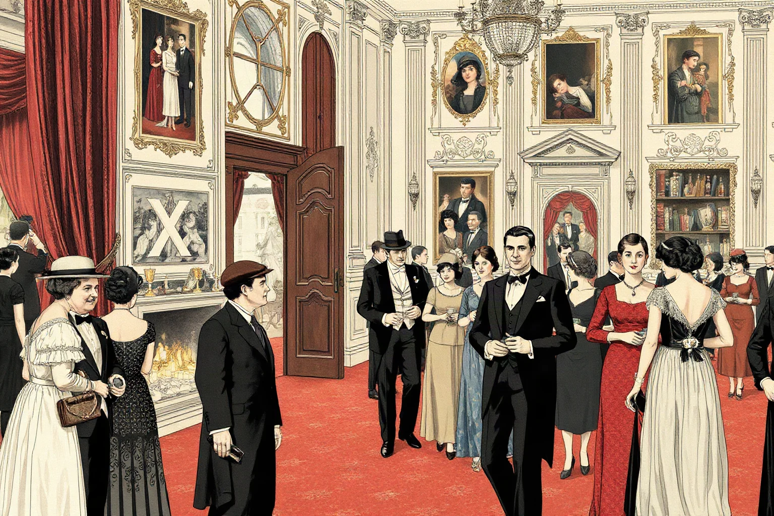 An illustrated grand Parisian salon filled with elegant guests in early 1900s formalwear