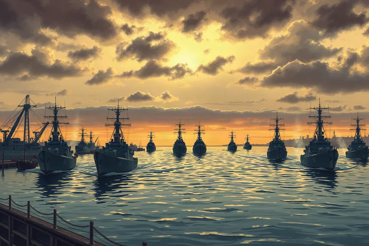 An illustrated harbor scene with naval ships departing under a cloudy sky, symbolic wartime maritime scene
