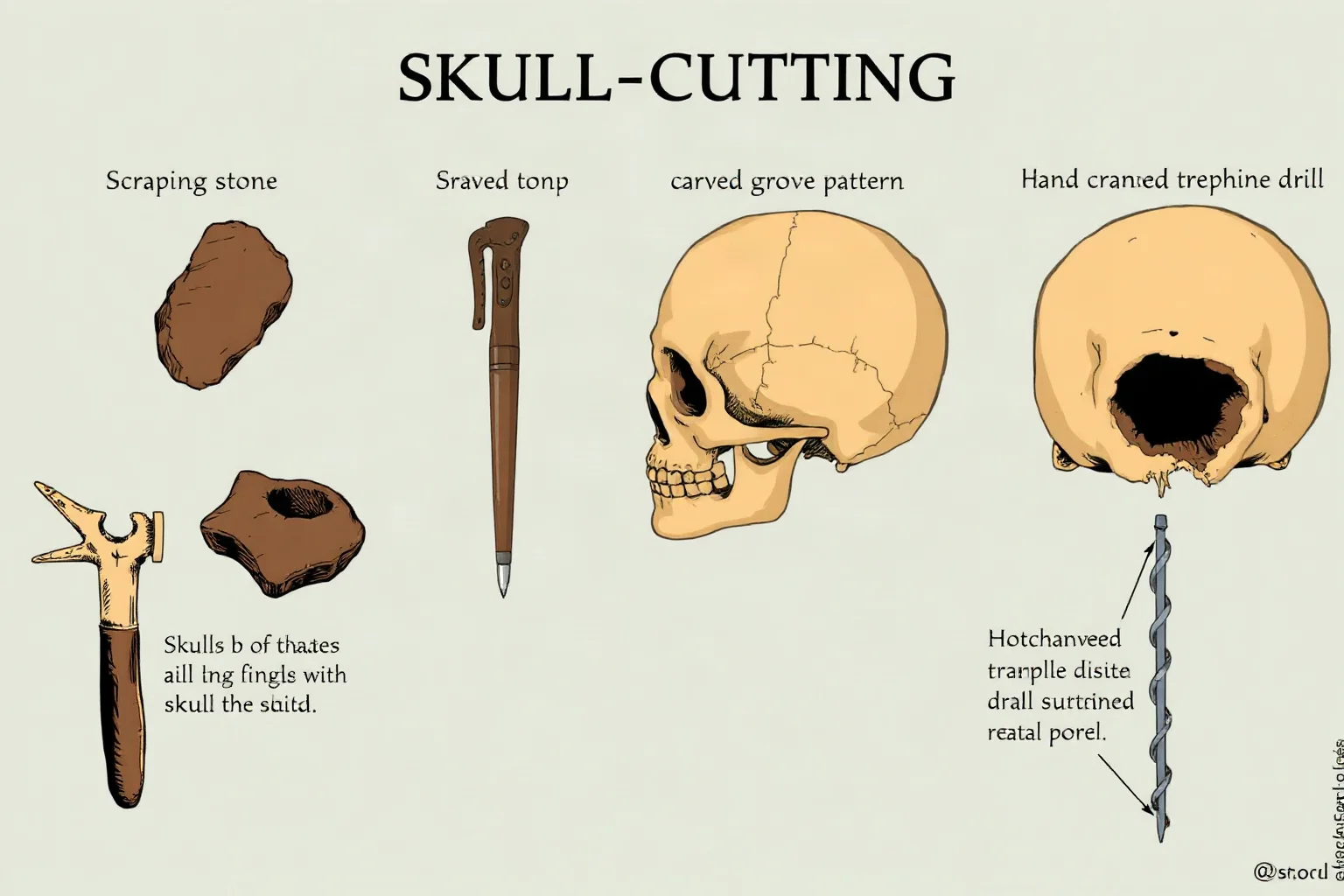 An illustrated historical diagram showing different ancient skull-cutting tools and techniques, such as a scraping stone, a carved groove pattern, and a hand-cranked trephine drill