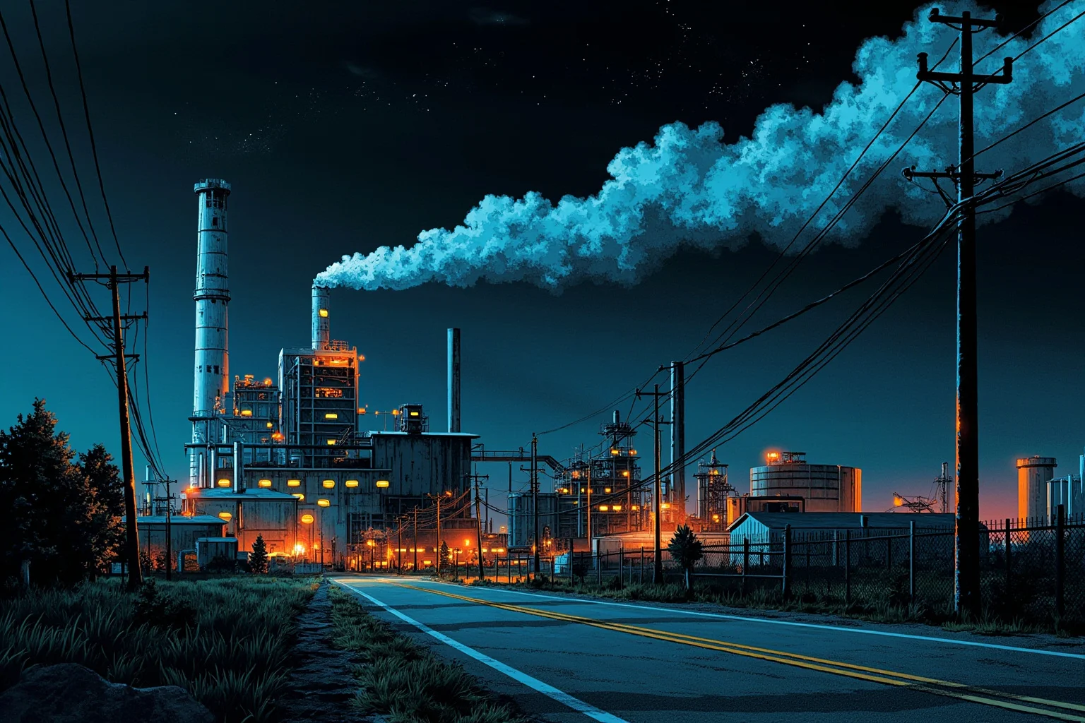 23 Worst Things That Ever Happened in History 21 An illustrated industrial factory exterior at night with warning haze in the air, representing a 1980s chemical disaster