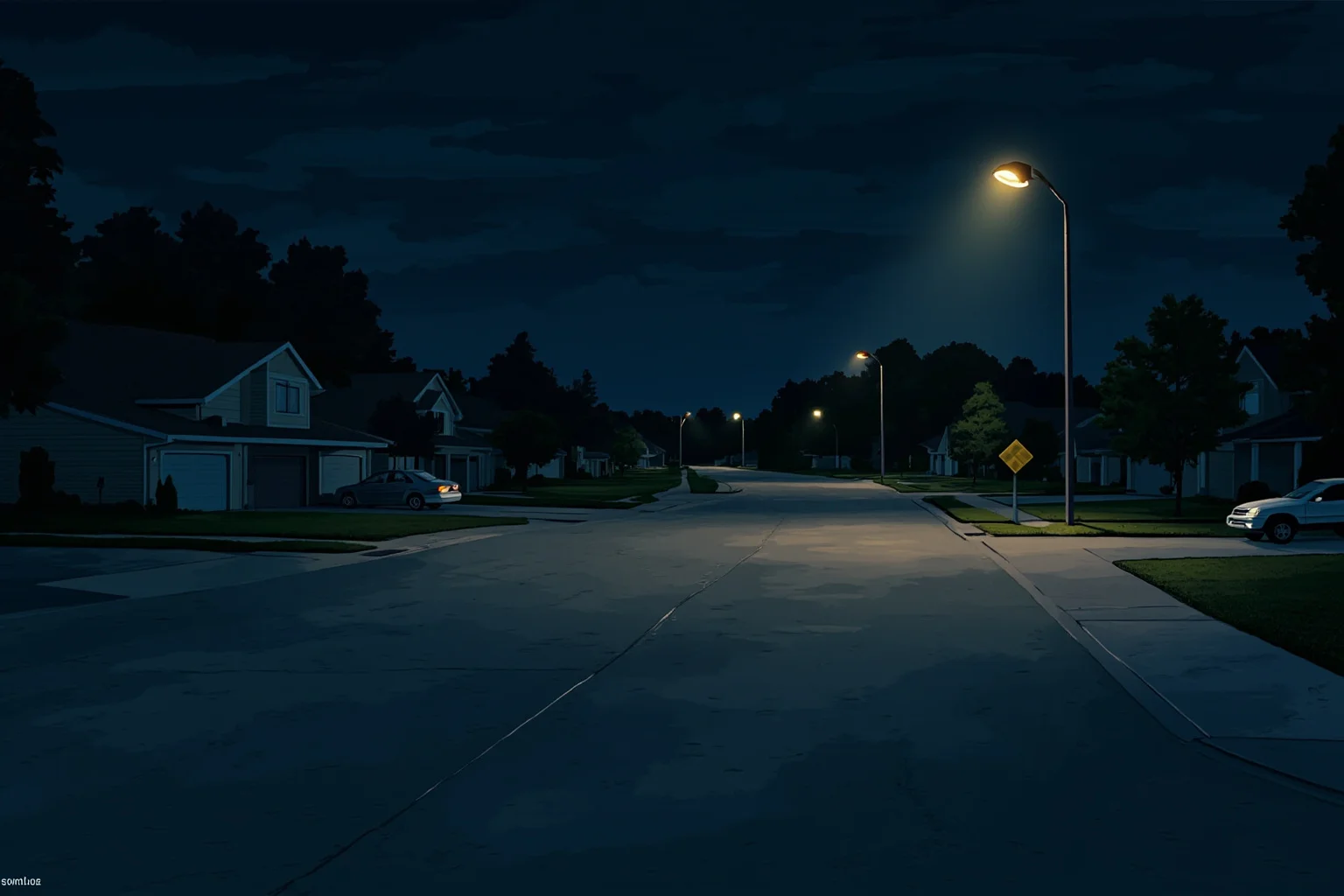 An illustrated Kansas suburban neighborhood street at night with a single porch light on