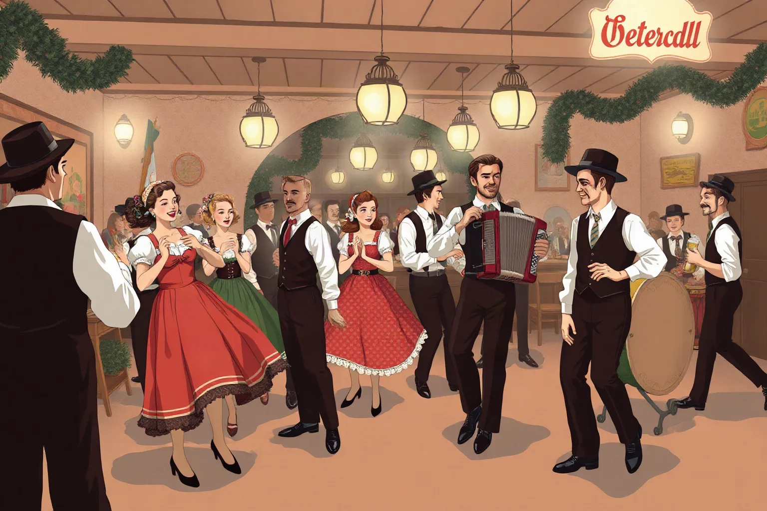 An illustrated lively beer hall scene with polka dancers and an accordion band, festive 1940s tone