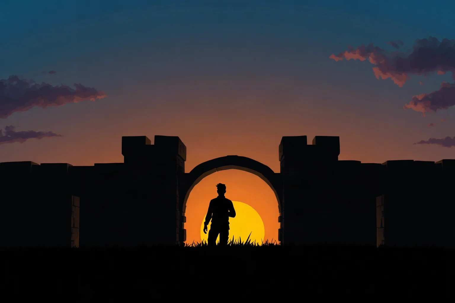 An illustrated lone silhouette standing before a stone wall at dawn, dramatic but tasteful, no violence shown