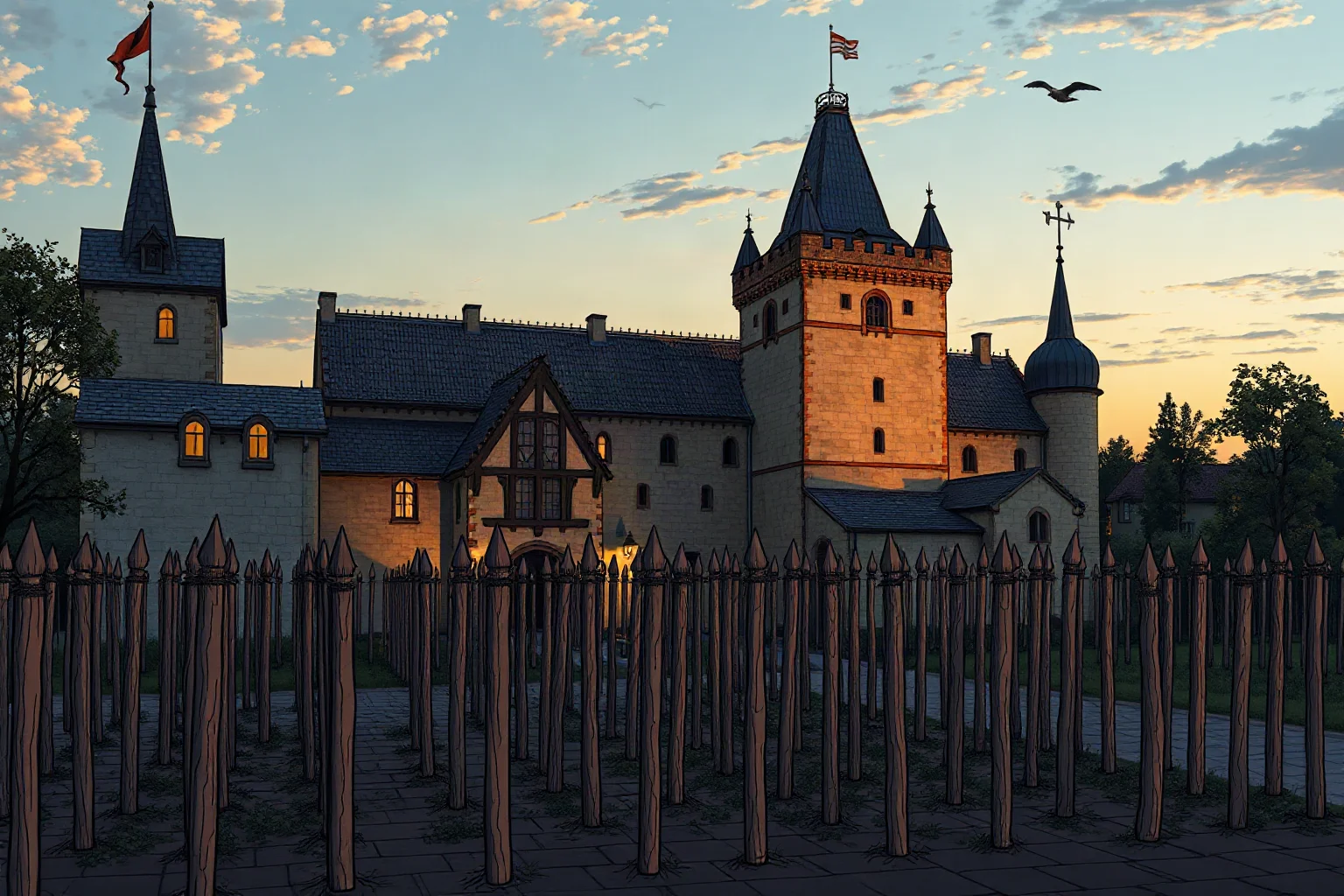 An illustrated medieval Eastern European castle at dusk with rows of wooden stakes in the foreground, gothic style