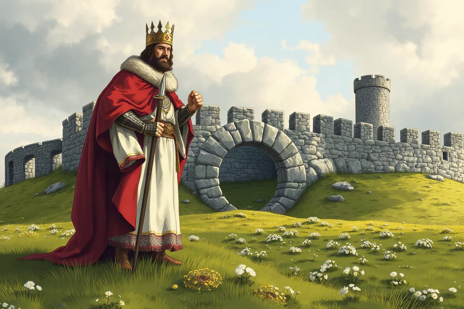 An illustrated medieval Irish high king in traditional garb standing before a stone ring fort, artistic historical style