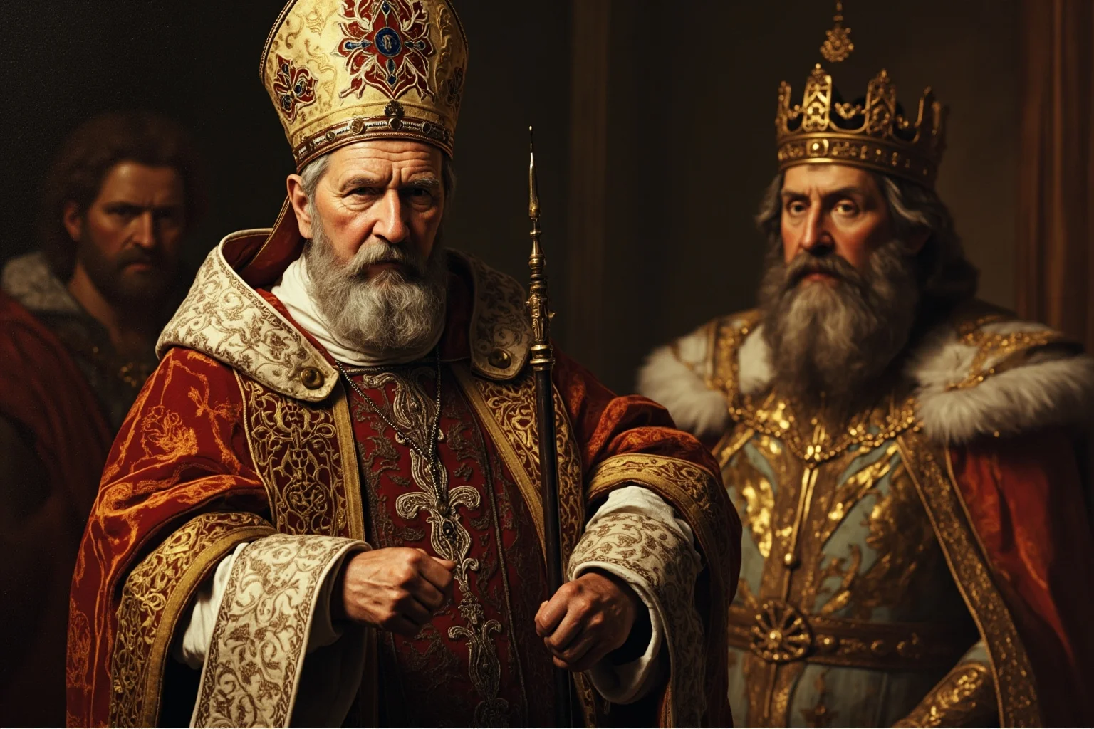 Best and Worst Popes in History: Ranking 20 Who Shaped (or Shook) the Church 8 An illustrated medieval pope in ornate vestments standing firm before a crowned emperor, dramatic historical painting style