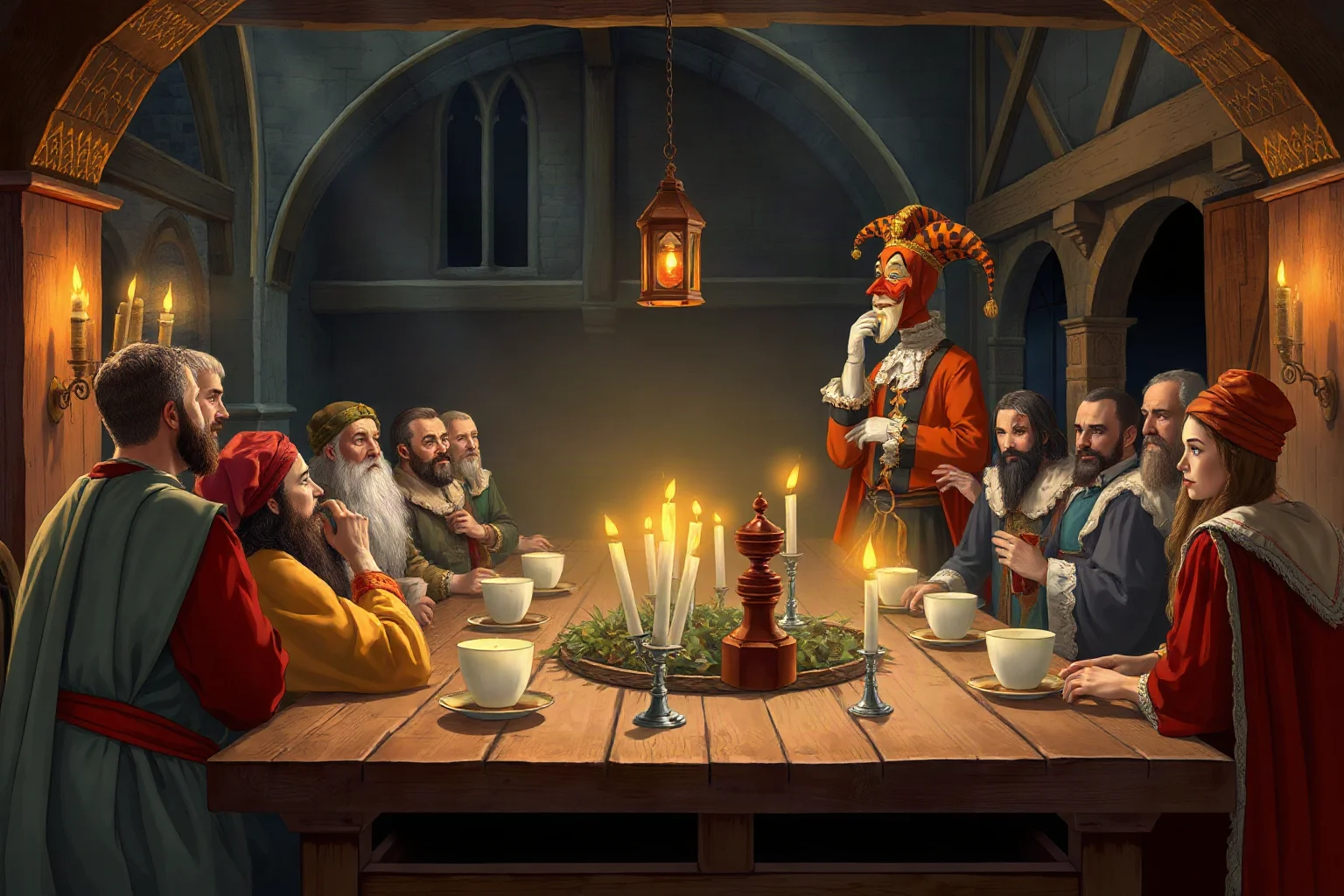 An illustrated medieval royal banquet scene showing a jester entertaining nobles at a long wooden table, warm torch-lit atmosphere, historical painting style